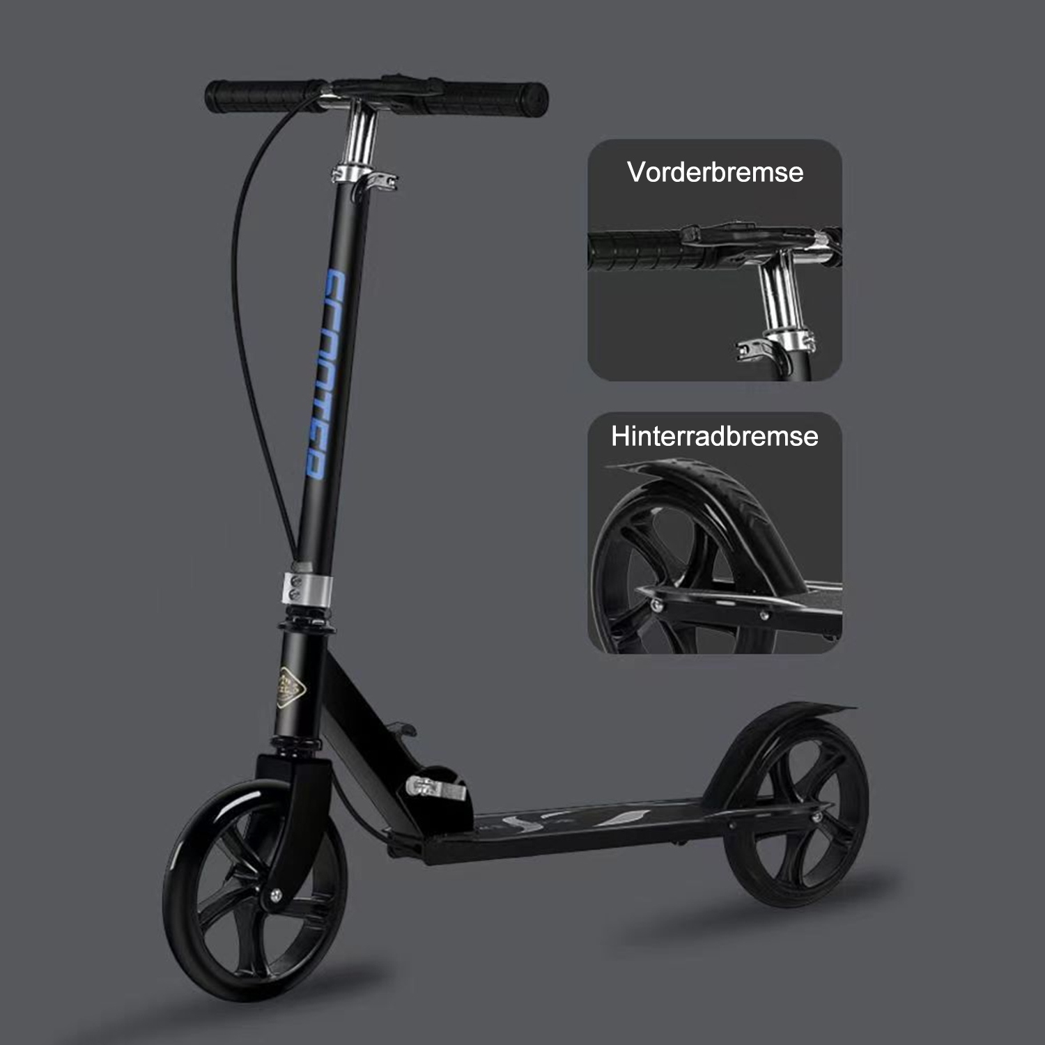 Schwarzer Roller mit Details der Vorder- und Hinterradbremse. Er hat einen schwarzen Rahmen und Räder.