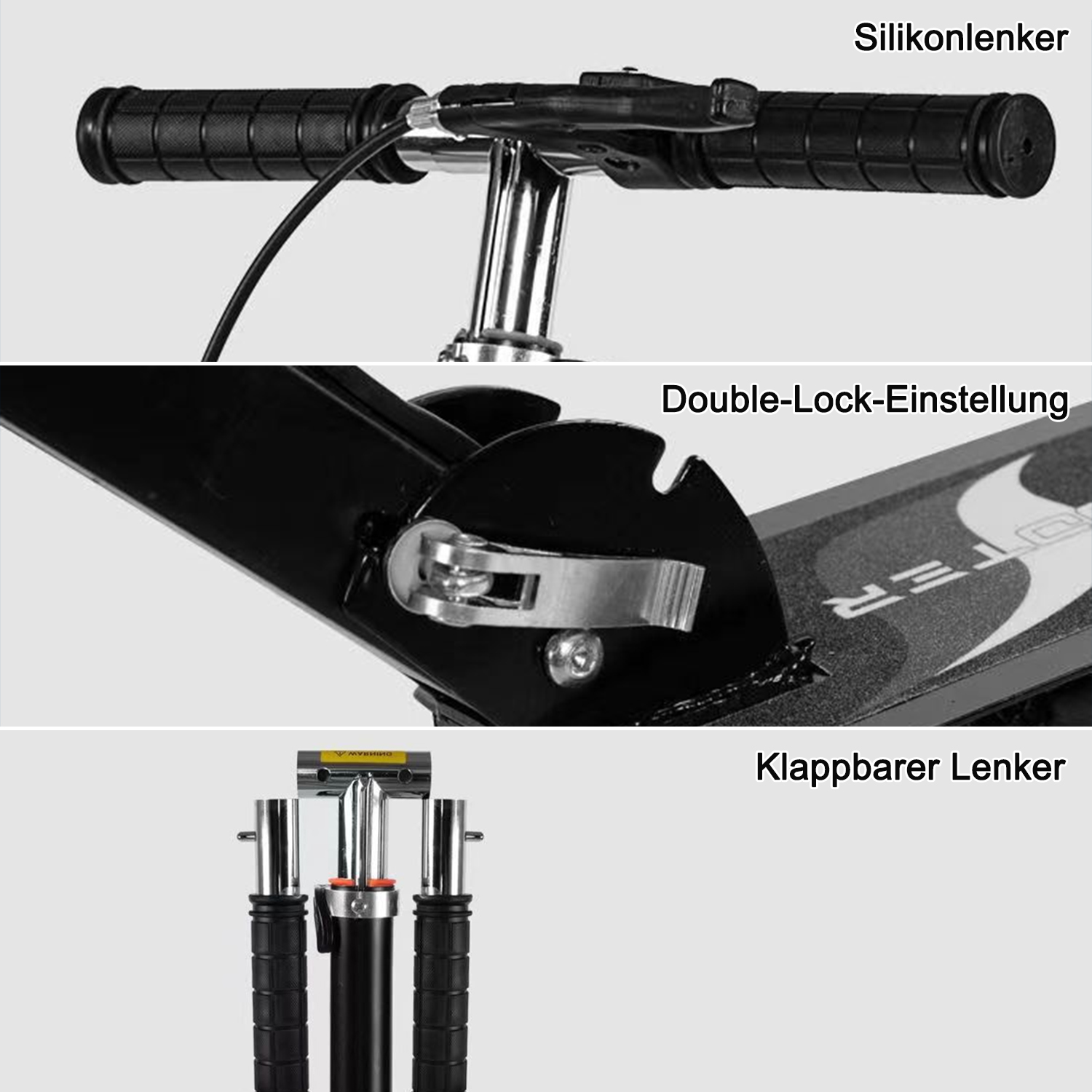 Nahaufnahme von schwarzen Roller-Lenkergriffen und Bremshebel mit silbernen Metalldetails.