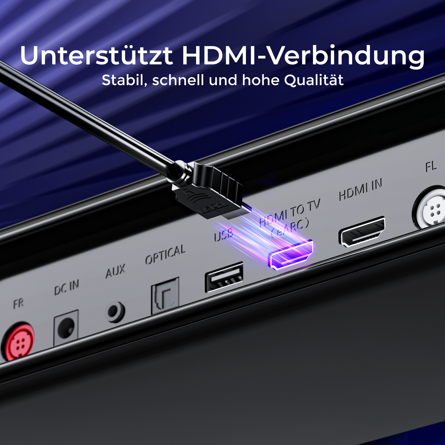 Nahaufnahme eines schwarzen Geräts mit Anschlüssen, ein HDMI-Kabel eingesetzt. USB, Optical, Aux, DC IN, HDMI IN, FL, FR.