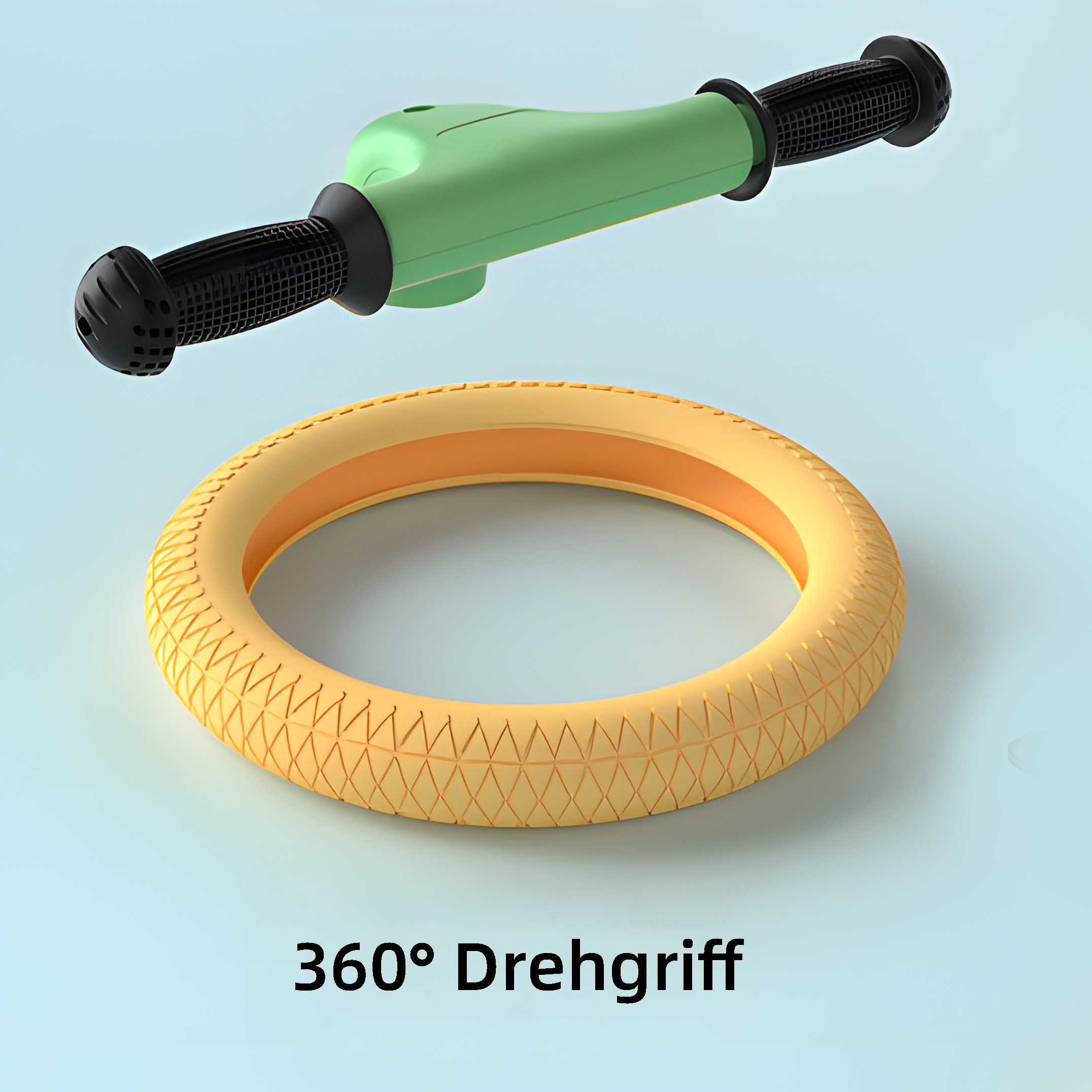 Lenker und Rad eines Fahrrads. Der Griff ist grün mit schwarzen Griffen. Das Rad ist gelb mit Profil.