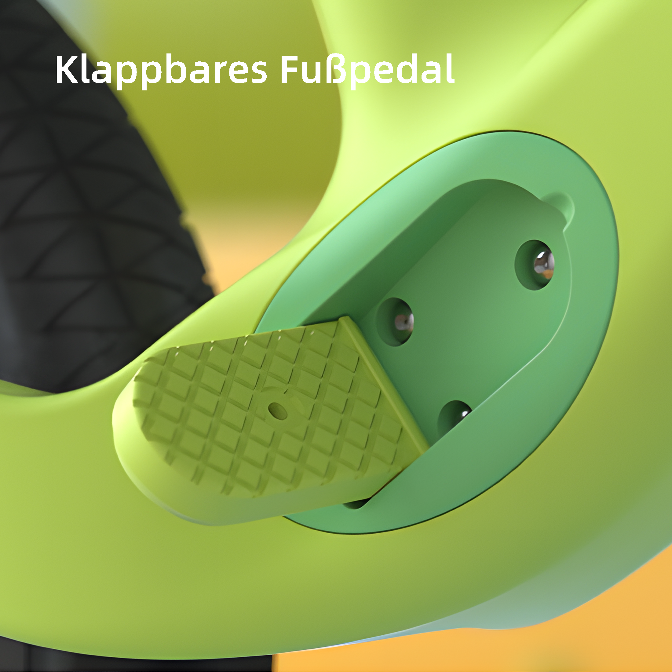 Nahaufnahme eines zusammengeklappten grünen Fußpedals an einem Laufrad. Das Pedal ist strukturiert.