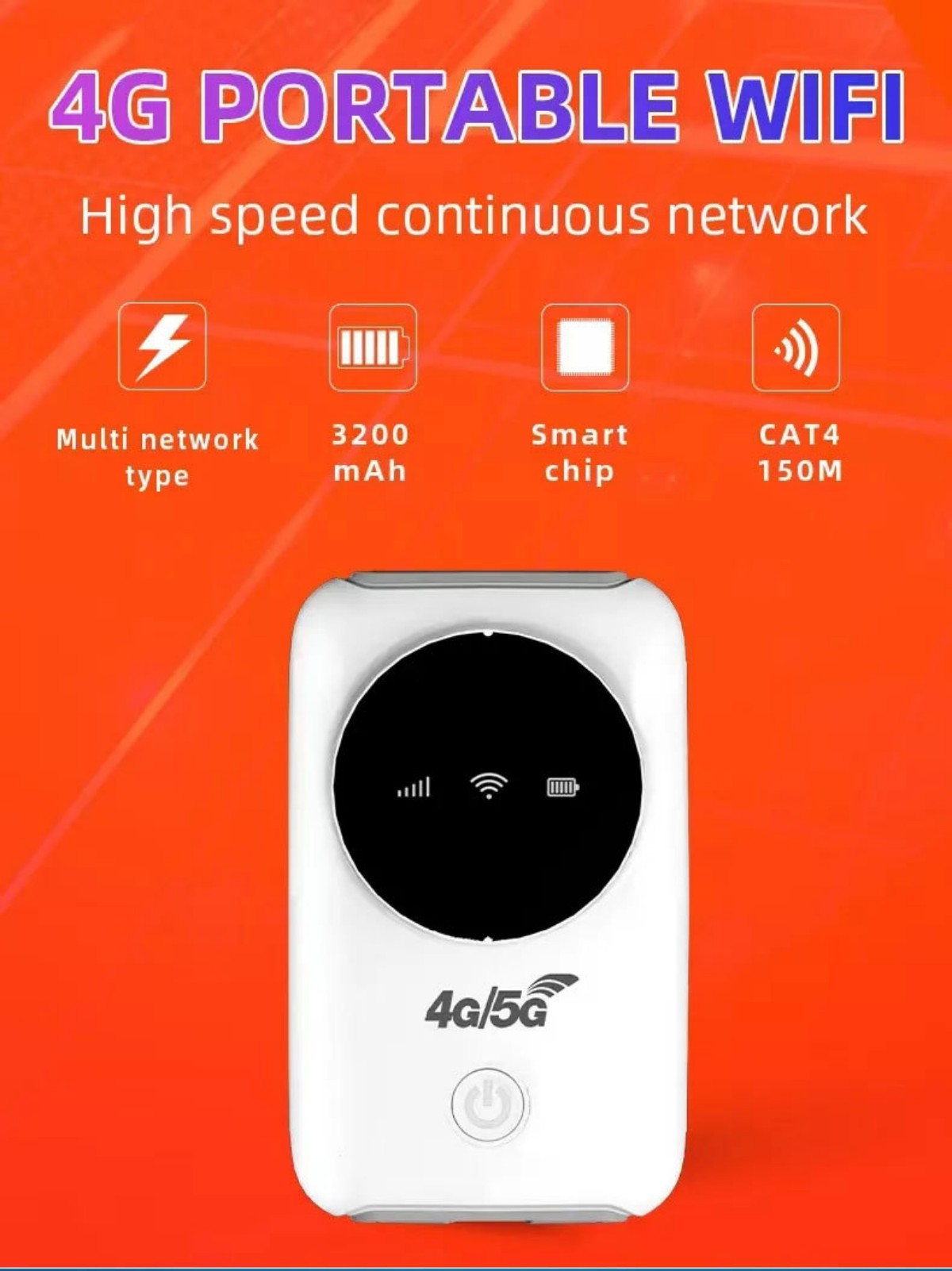 Ein weißes WLAN-Gerät mit einem schwarzen Kreis und Symbolen, vor einem orangefarbenen Hintergrund mit Produktdetails.