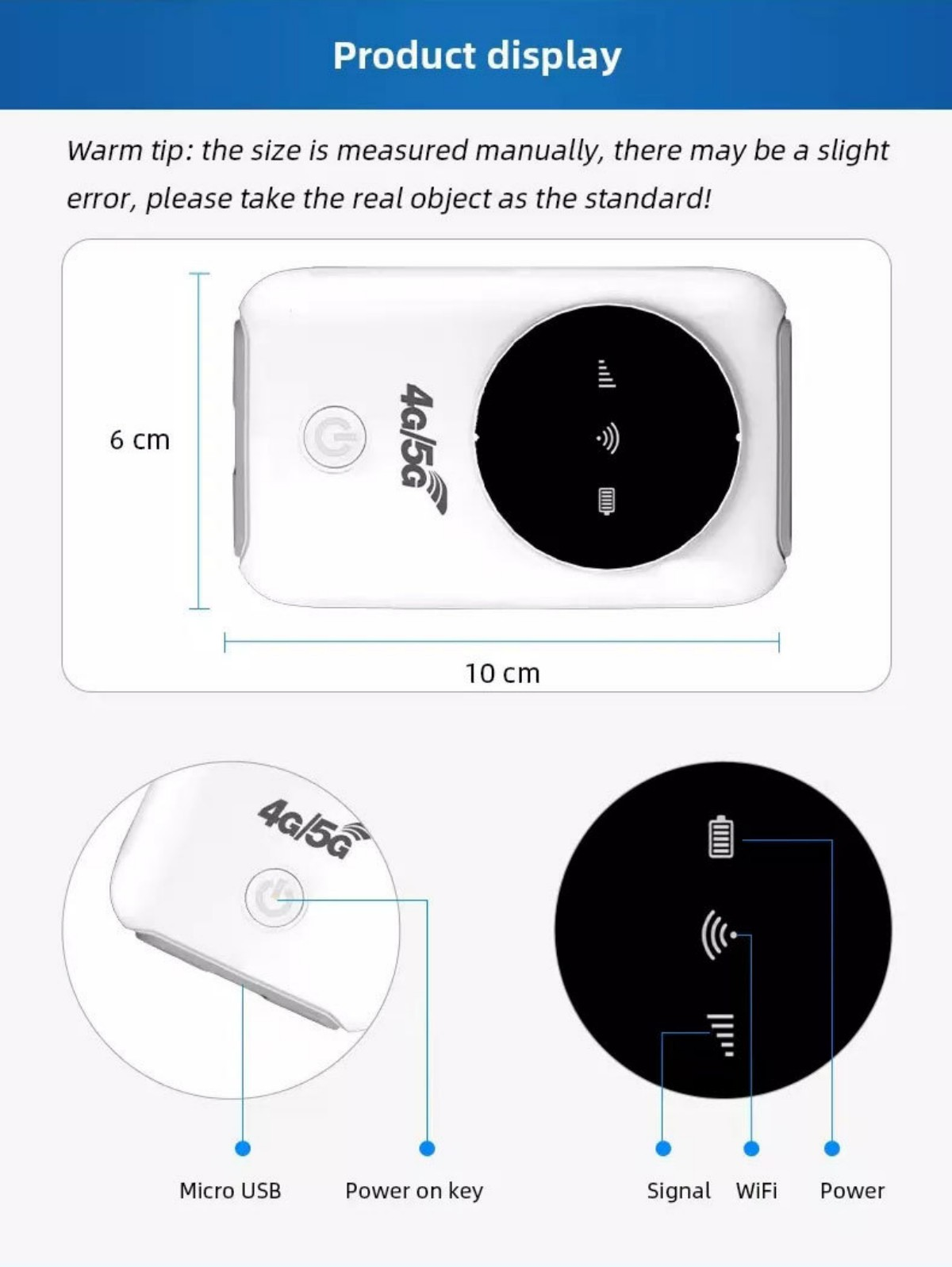 Ein Diagramm, das das Produkt mit Abmessungen und Beschriftungen für Micro-USB, Power-Taste, Signal, WiFi und Power zeigt.