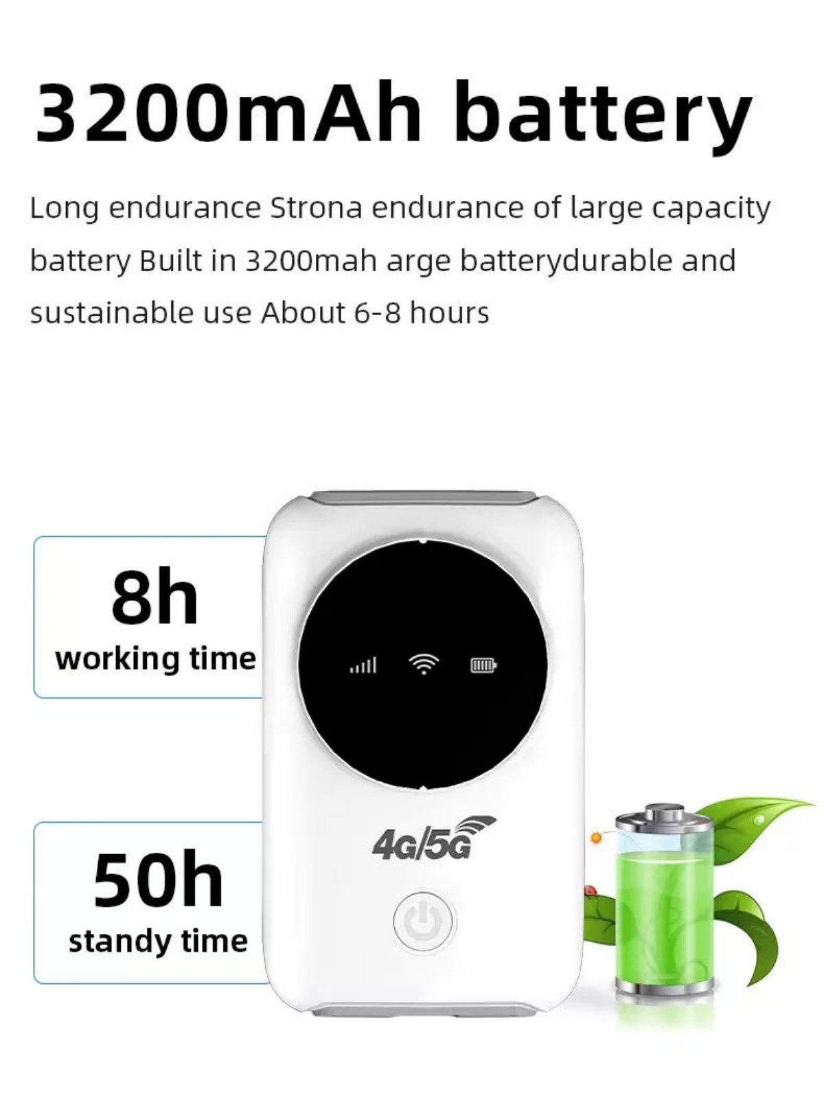 Ein weißes WLAN-Gerät mit einem schwarzen Kreis und Symbolen, mit Text, der 8 Stunden Arbeitszeit und 50 Stunden Standby-Zeit angibt.