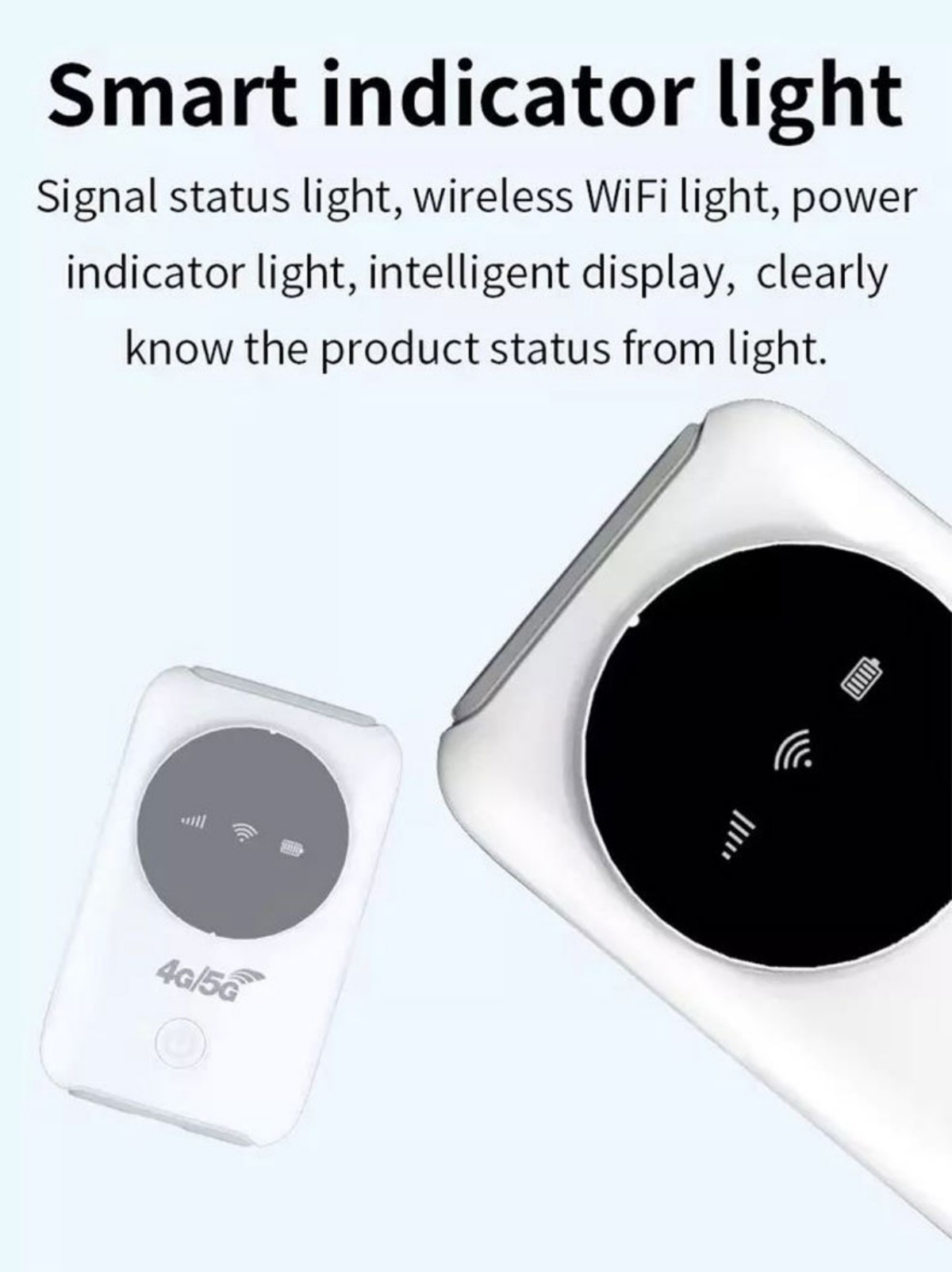 Zwei weiße WLAN-Geräte mit schwarzen Kreisen. Der Text lautet 'Smart indicator light' und hebt Signal und WLAN hervor.
