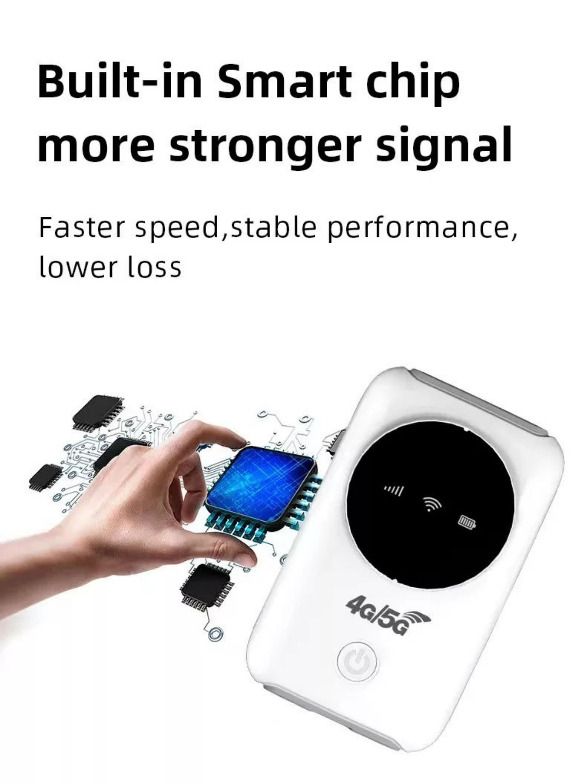 Ein weißes WLAN-Gerät mit einem schwarzen Kreis. Eine blaue Leiterplatte ist abgebildet. Text lautet 'Built-in Smart chip'.