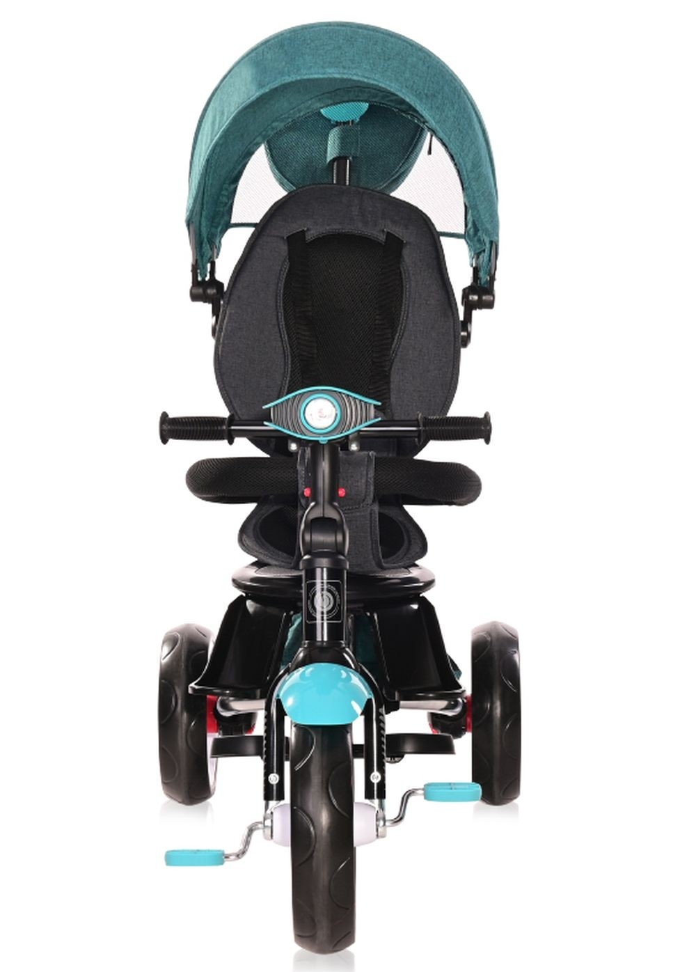 Vista frontal de un triciclo turquesa y negro. Incluye capota, asiento y detalles en la rueda delantera turquesa.