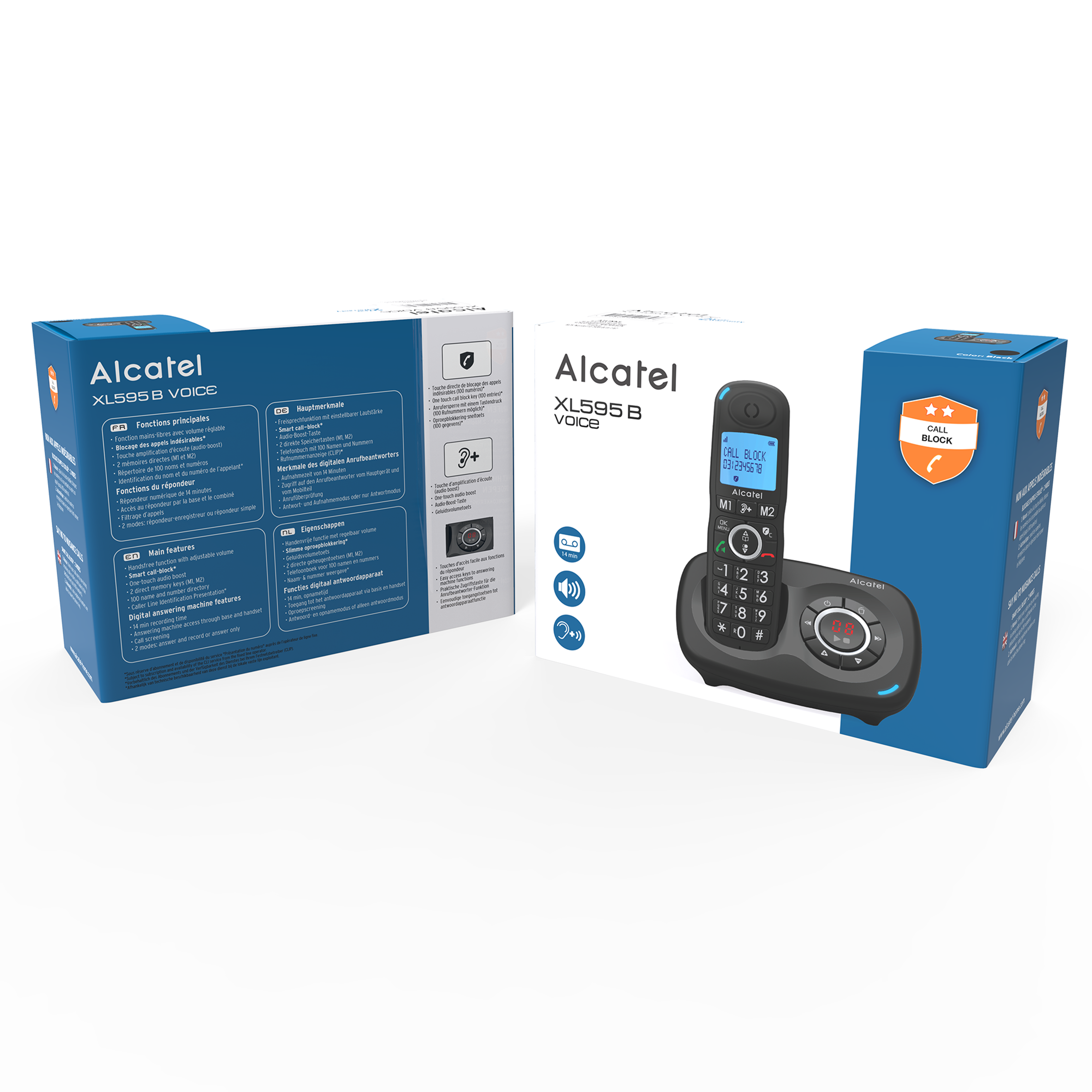 Confezione del telefono Alcatel, che mostra il telefono e vari dettagli sulle sue funzioni in più lingue.