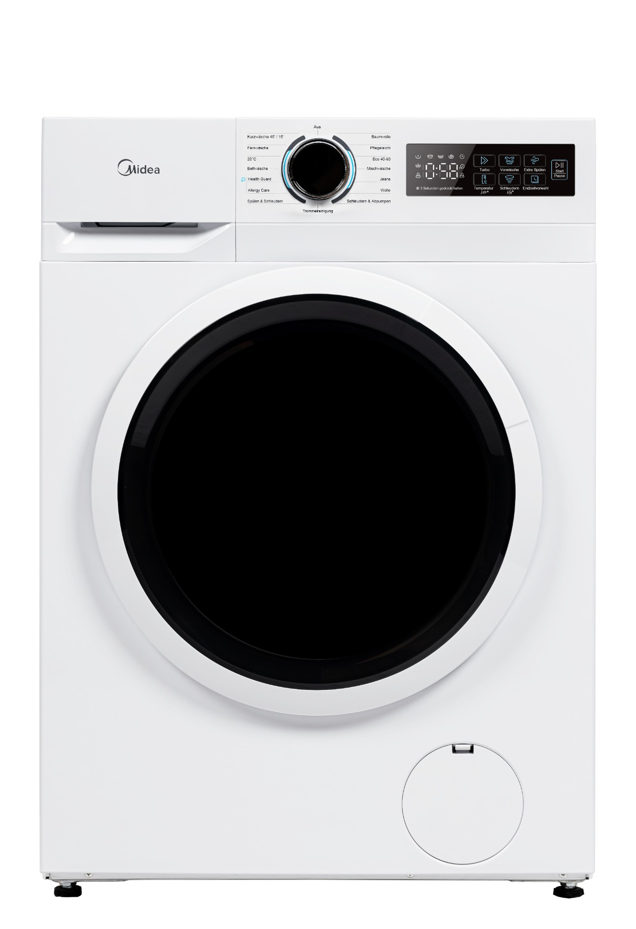 Weiße Midea Waschmaschine. Schwarze Tür, Bedienfeld mit Digitalanzeige und Tasten. Drehknopf für Wascheinstellungen.