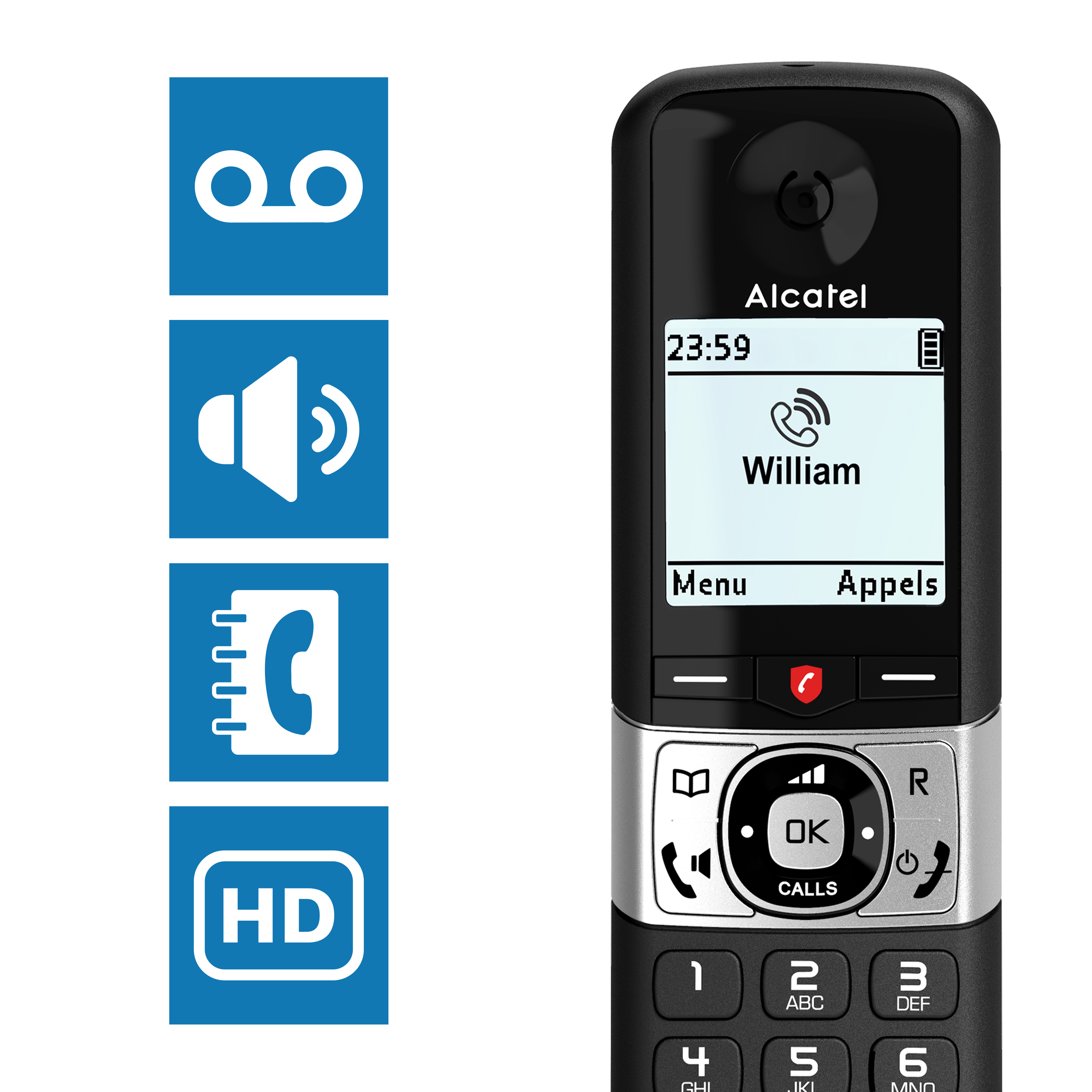 Un teléfono Alcatel negro con una pantalla que muestra una llamada de William. Iconos azules a la izquierda.