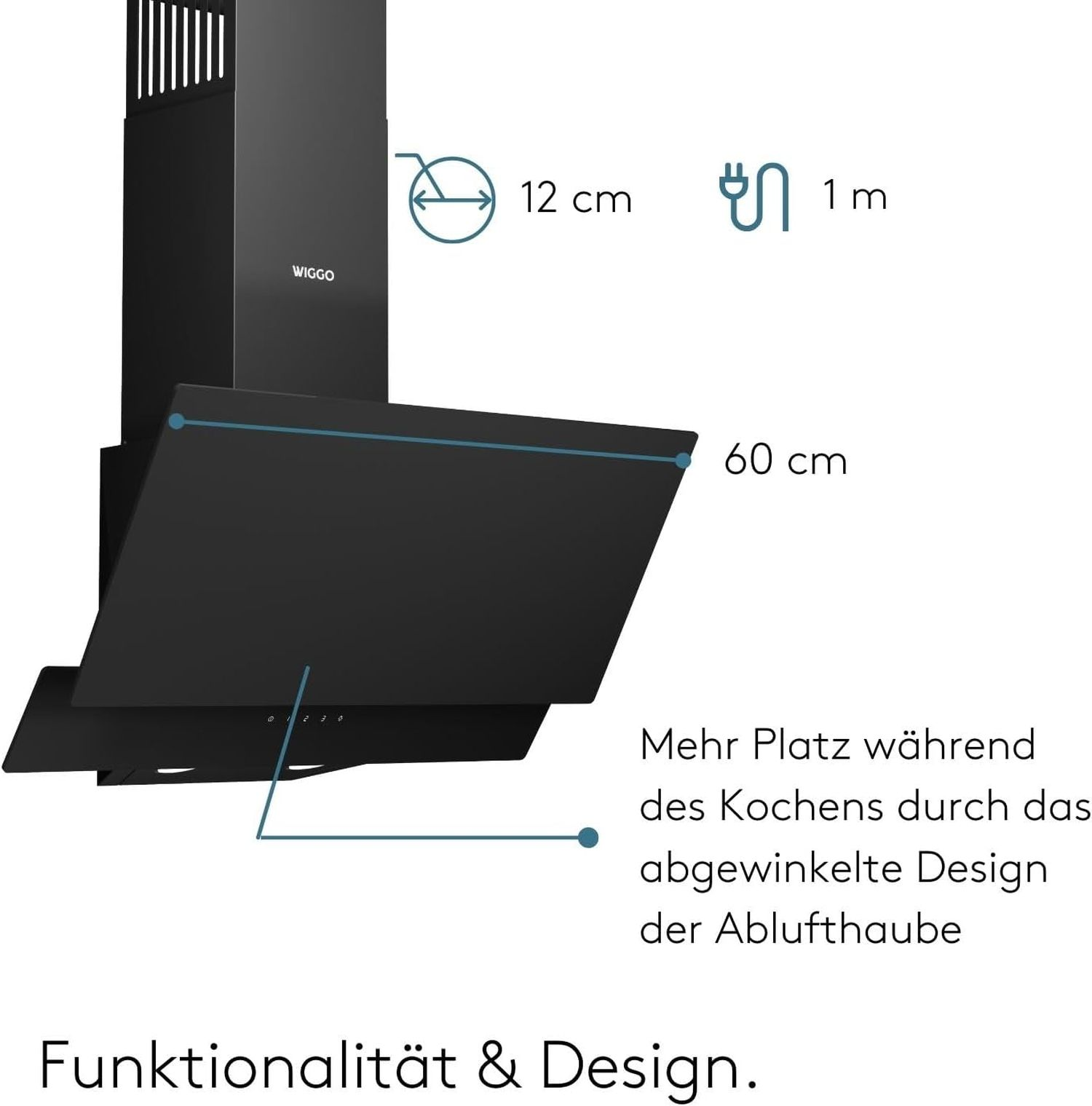 Une hotte de cuisine noire avec des dimensions: 12 cm, 60 cm et un cordon d'alimentation de 1 m. Texte : 'Fonctionnalité & Design'.
