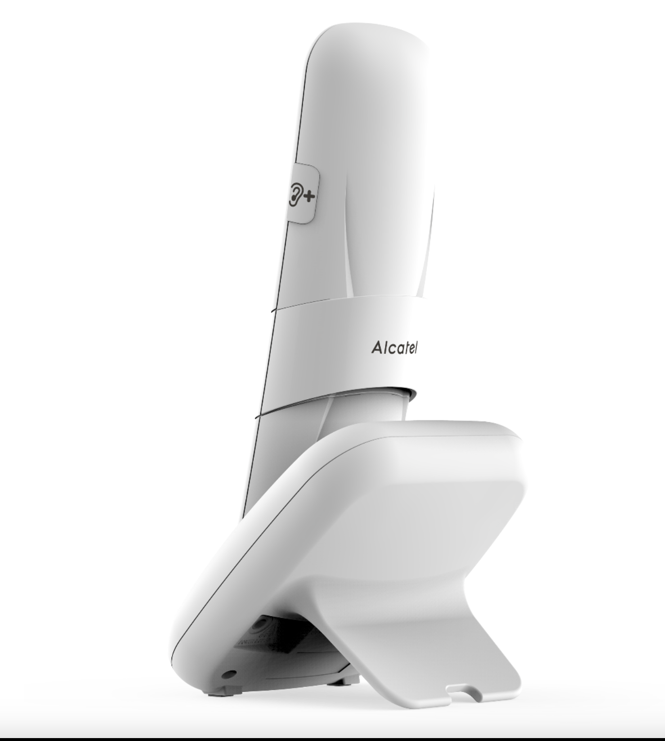 Een witte Alcatel telefoonhoorn. Hij staat op zijn oplaadstandaard, schuin om de kant met het Alcatel-logo te laten zien.