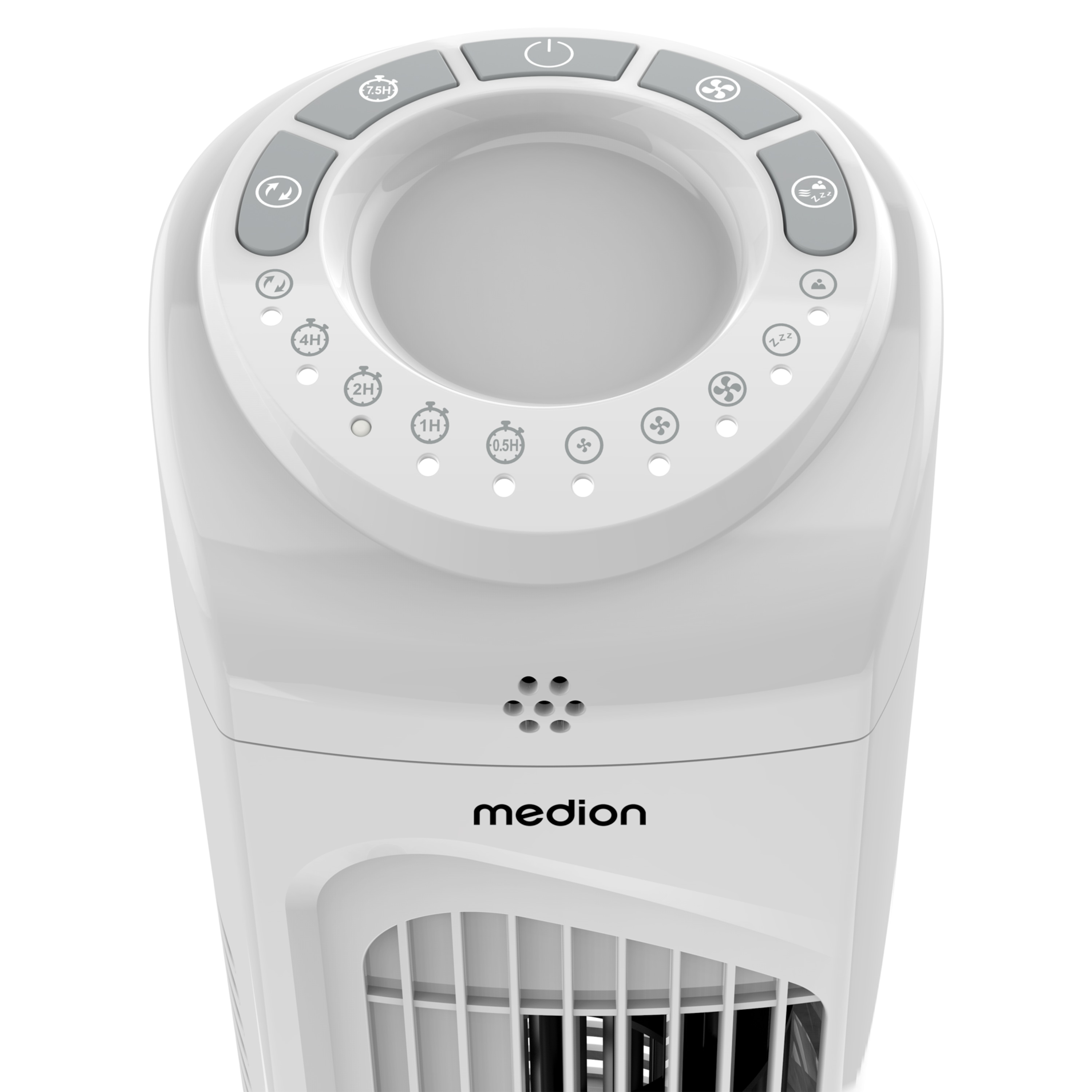 Nahaufnahme des Bedienfelds eines weißen Turmventilators mit Tasten und Medion-Logo. Gittermuster unten.