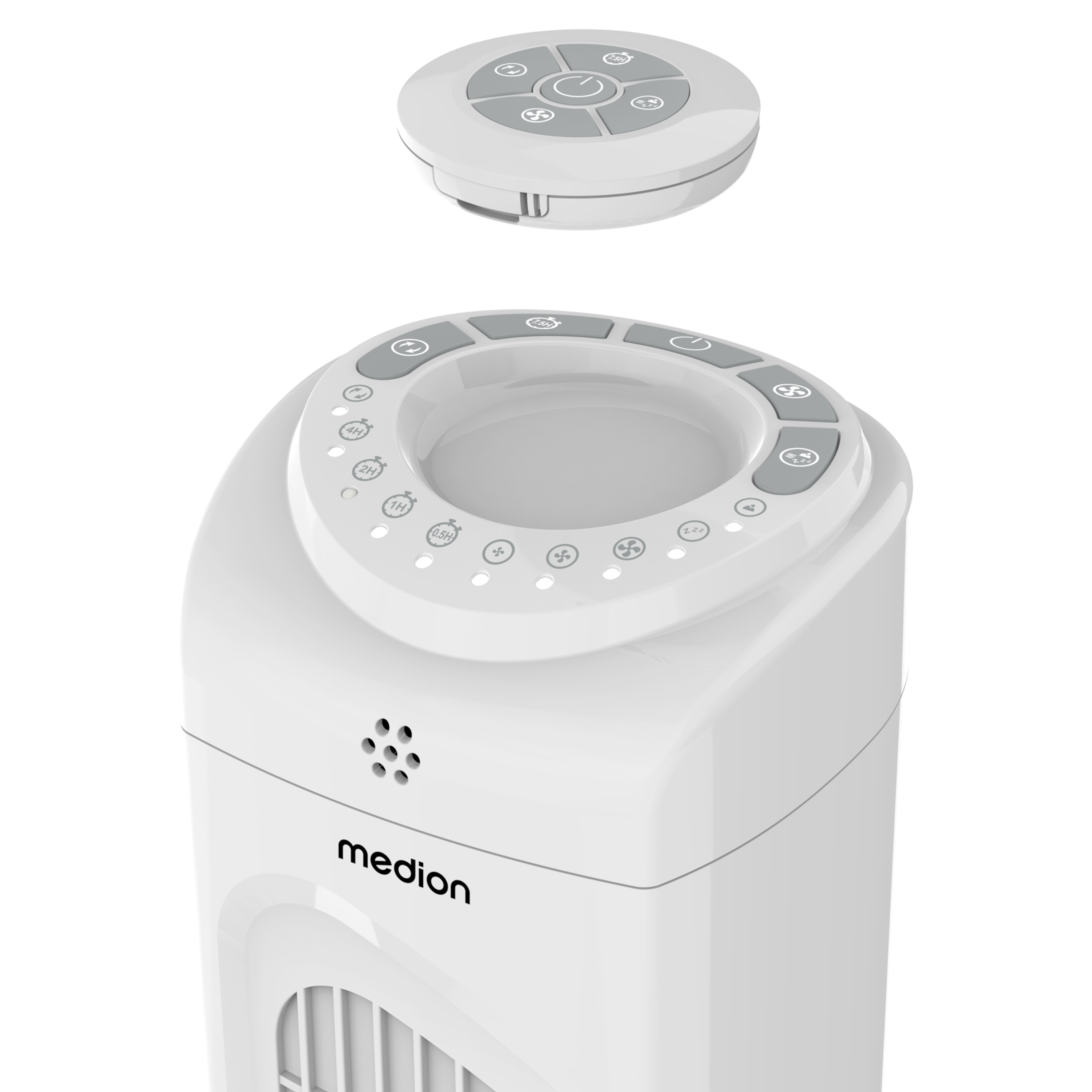 Weißer Turmventilator mit abgenommener Fernbedienung. Der Ventilator hat Tasten und das Medion-Logo. Weiße Oberfläche.