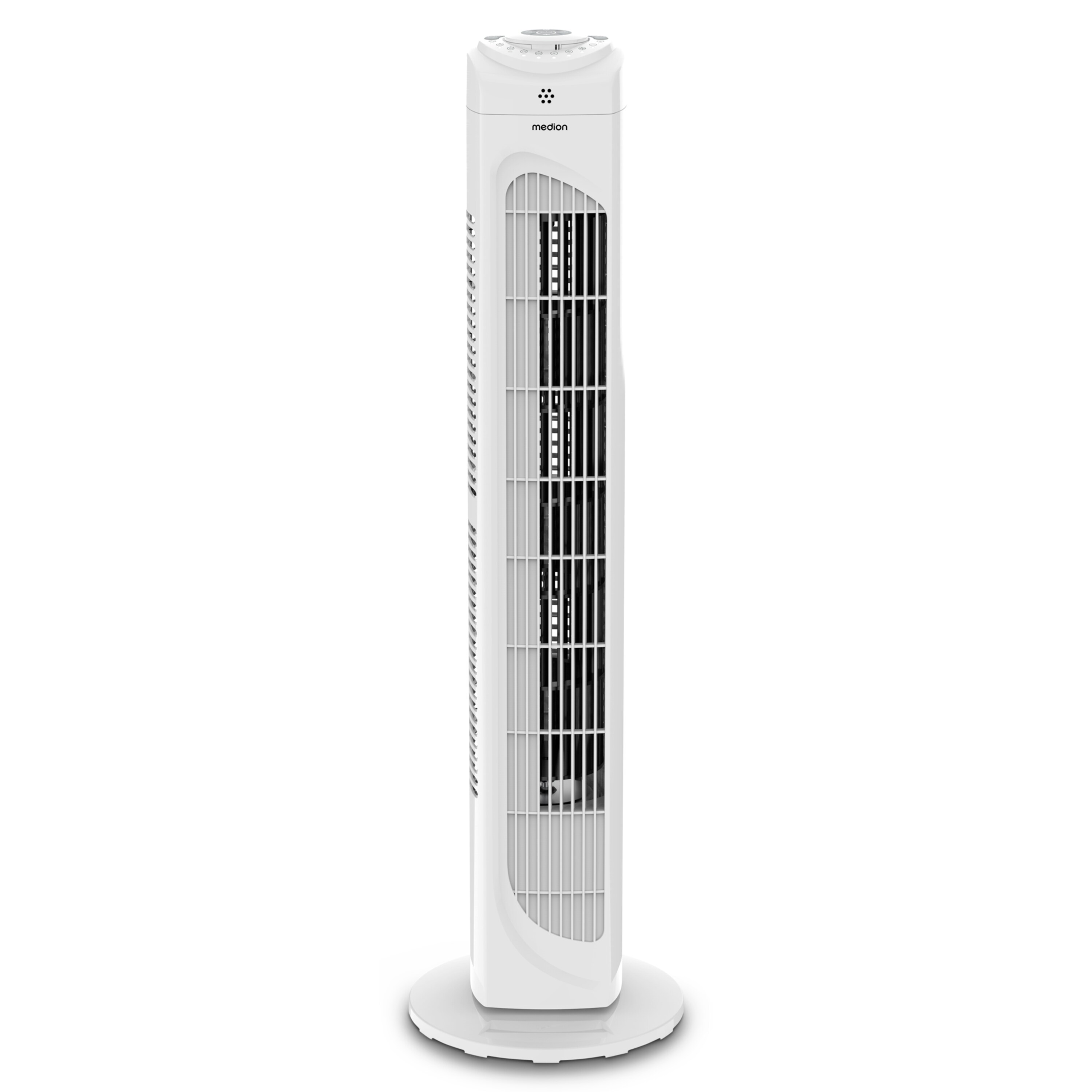 Hoher weißer Turmventilator auf weißer Basis, mit Gittermuster und Medion-Logo. Steht auf weißer Oberfläche.