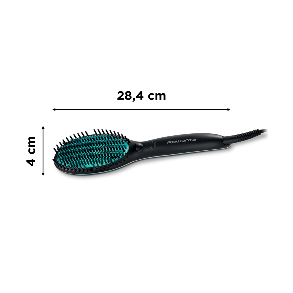 A black hair straightening brush with a length of 28.4 cm. The brush has a turquoise brush head. The image is on a white background.