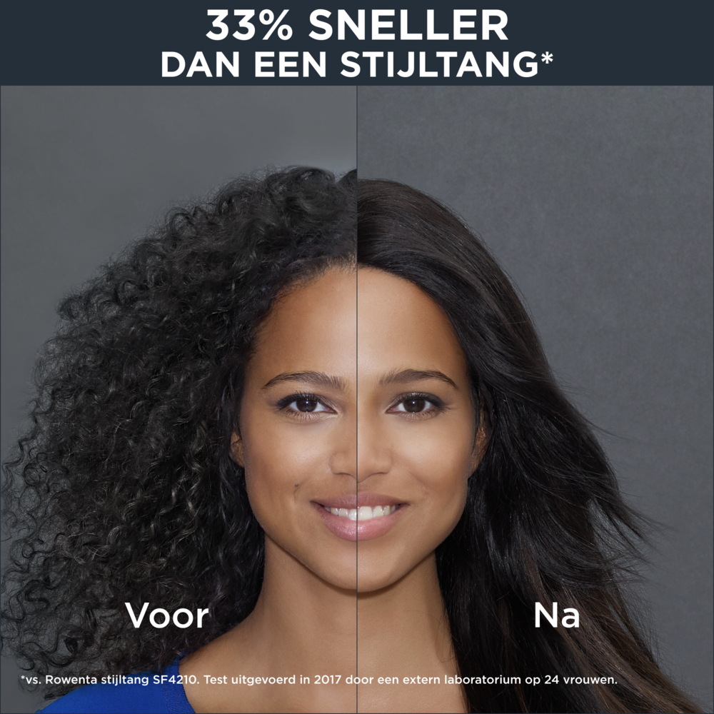 A split image comparing curly hair before and straight hair after. The image is on a grey background. Text says '33% faster than a straightener'.