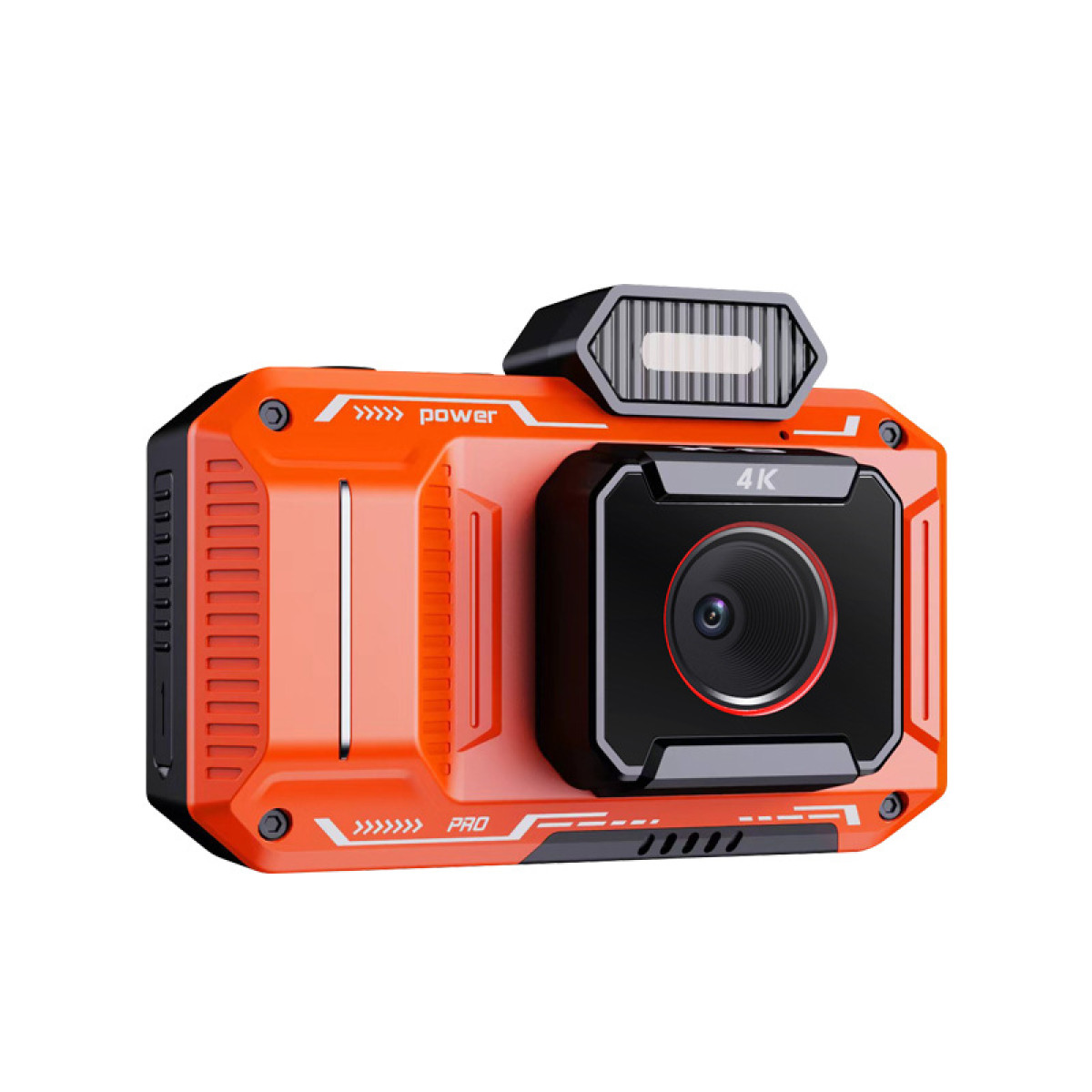 Een oranje action camera met het woord PRO en power, 4K lens. Zwarte lens, zwart scherm en een zwarte bovenkant.