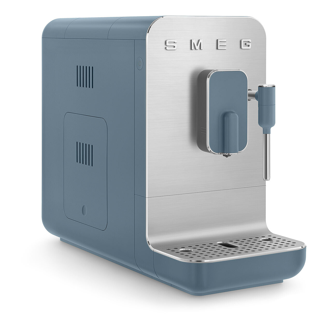 Máquina de espresso Smeg azul y plateada. Cuenta con una lanza de vapor, bandeja de goteo y panel de control. Tiene un diseño retro.