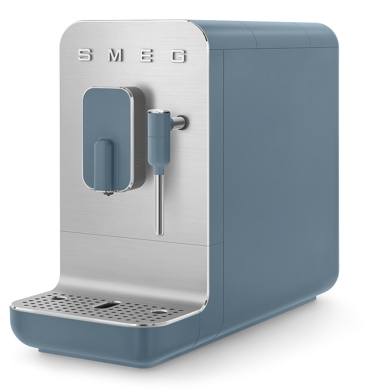 Una máquina de espresso SMEG. Es una máquina plateada y azul. La palabra SMEG está en la parte superior.