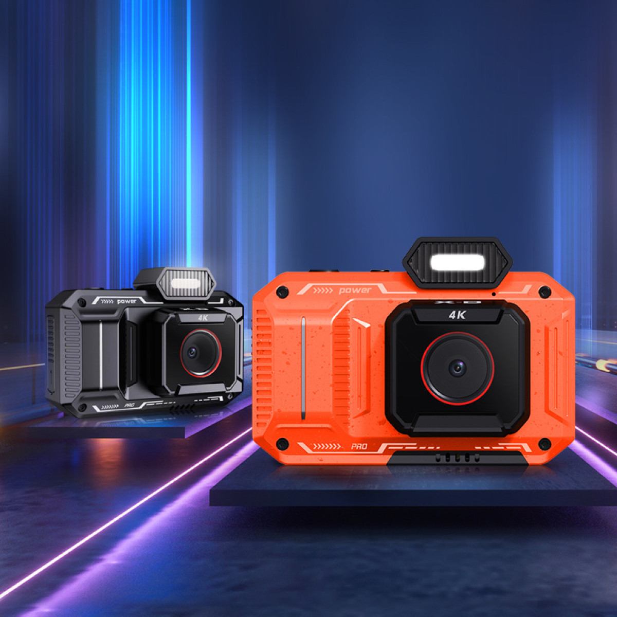 Twee oranje en zwarte action camera's. Neonlichten en een donkerblauwe achtergrond.