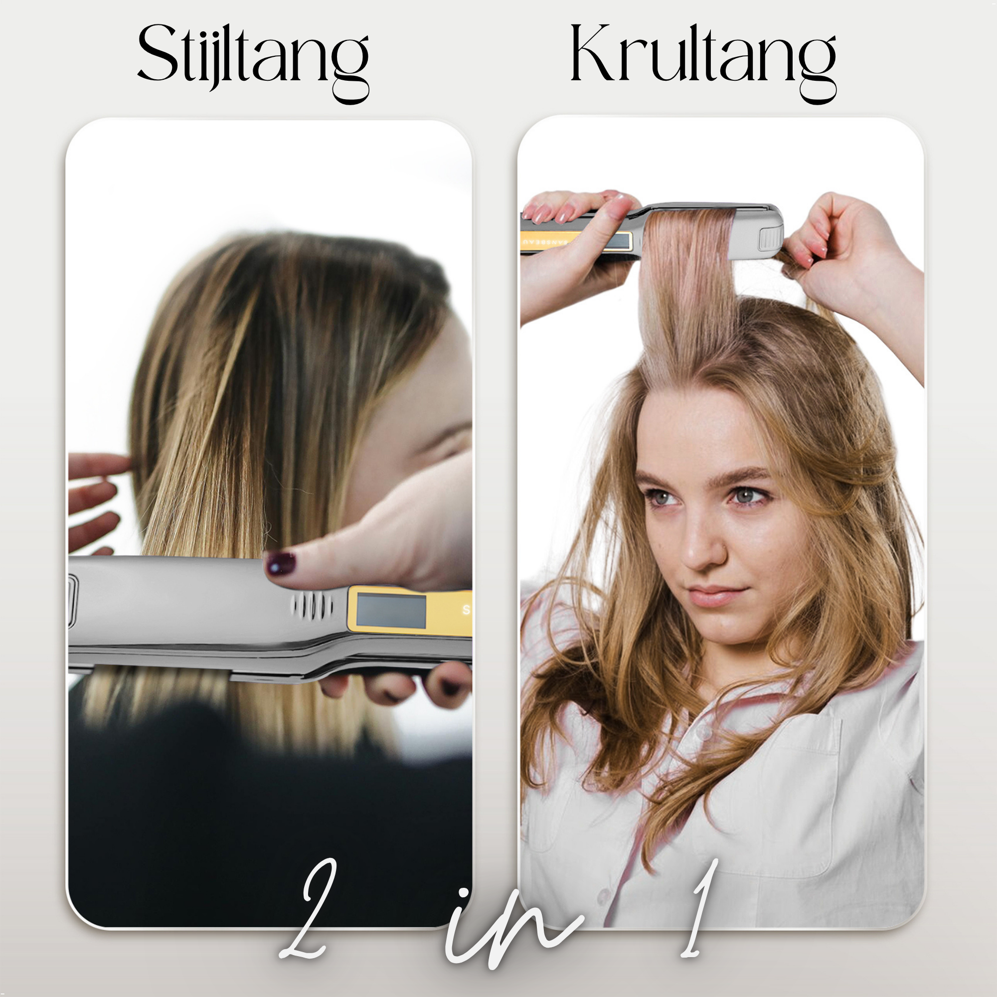 Afbeelding toont een stijltang die wordt gebruikt voor styling. De ene kant is steil haar, de andere gekruld.