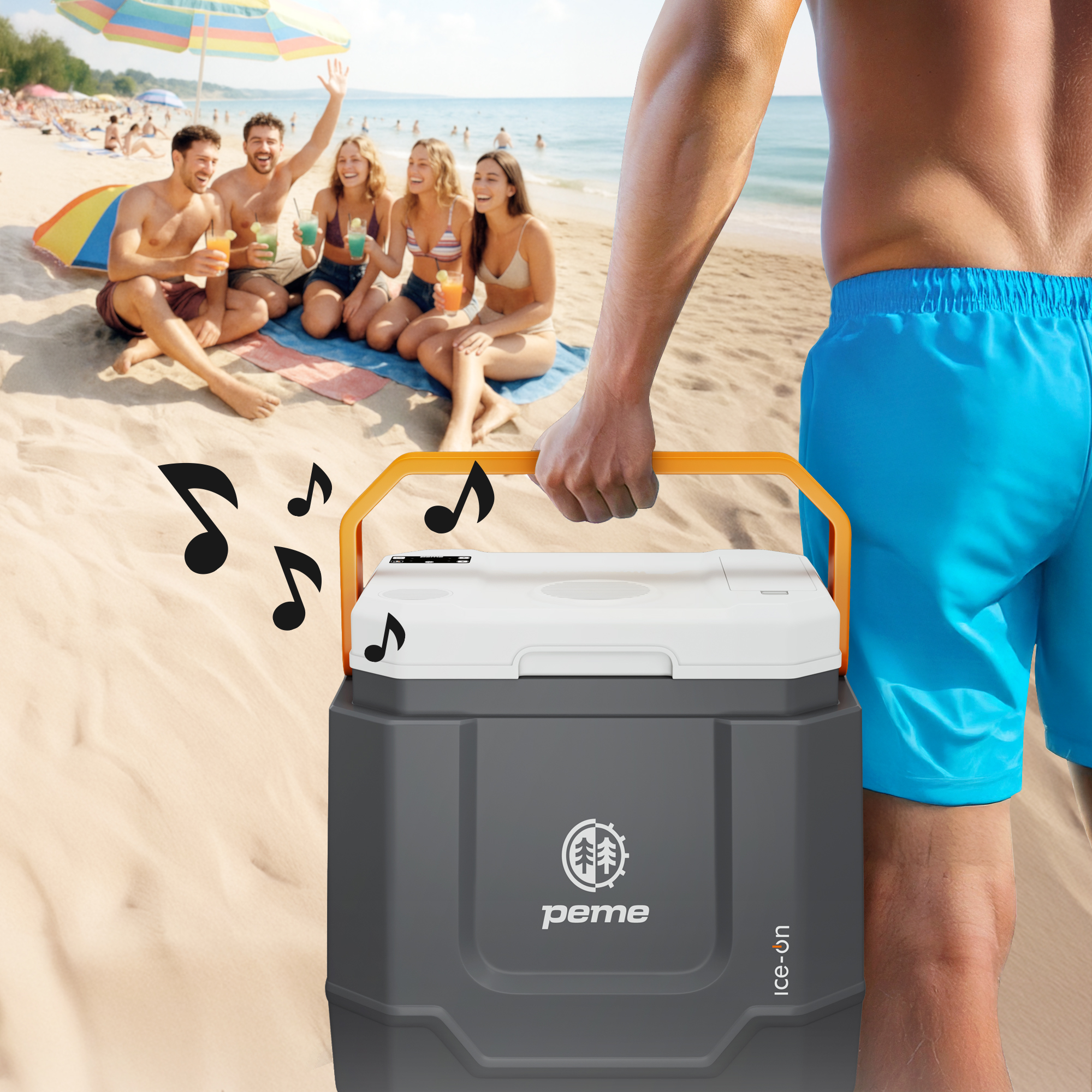 Ein Mann hält eine Kühlbox am Strand, im Hintergrund sind Leute. Noten umgeben die Kühlbox.