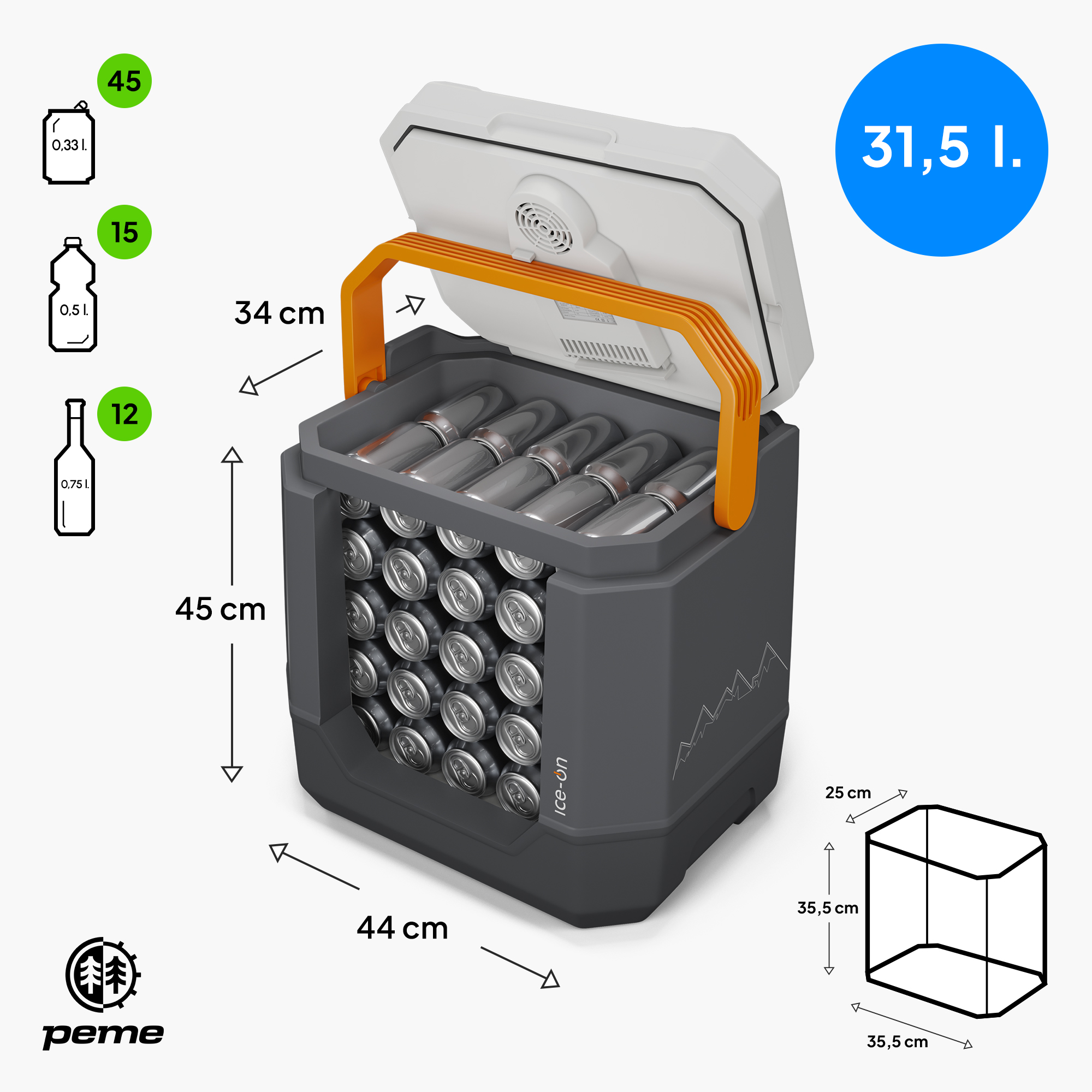 Ein offener Kühler mit Dosen, mit Abmessungen und Diagramm, vor weißem Hintergrund.