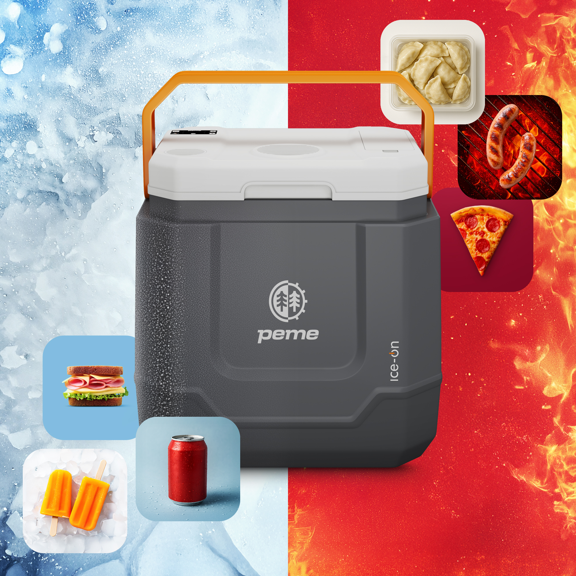 Eine Kühlbox mit Lebensmitteln. Es gibt Eis, Aufschnitt, Pizza und eine Dose Soda. Der Hintergrund ist farblich geteilt.