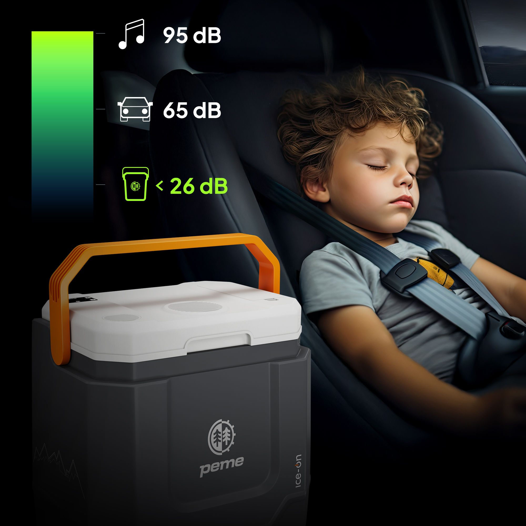 Eine Kühlbox mit einem schlafenden Kind im Auto. Schallpegelanzeigen zeigen, dass die Kühlbox leise ist.