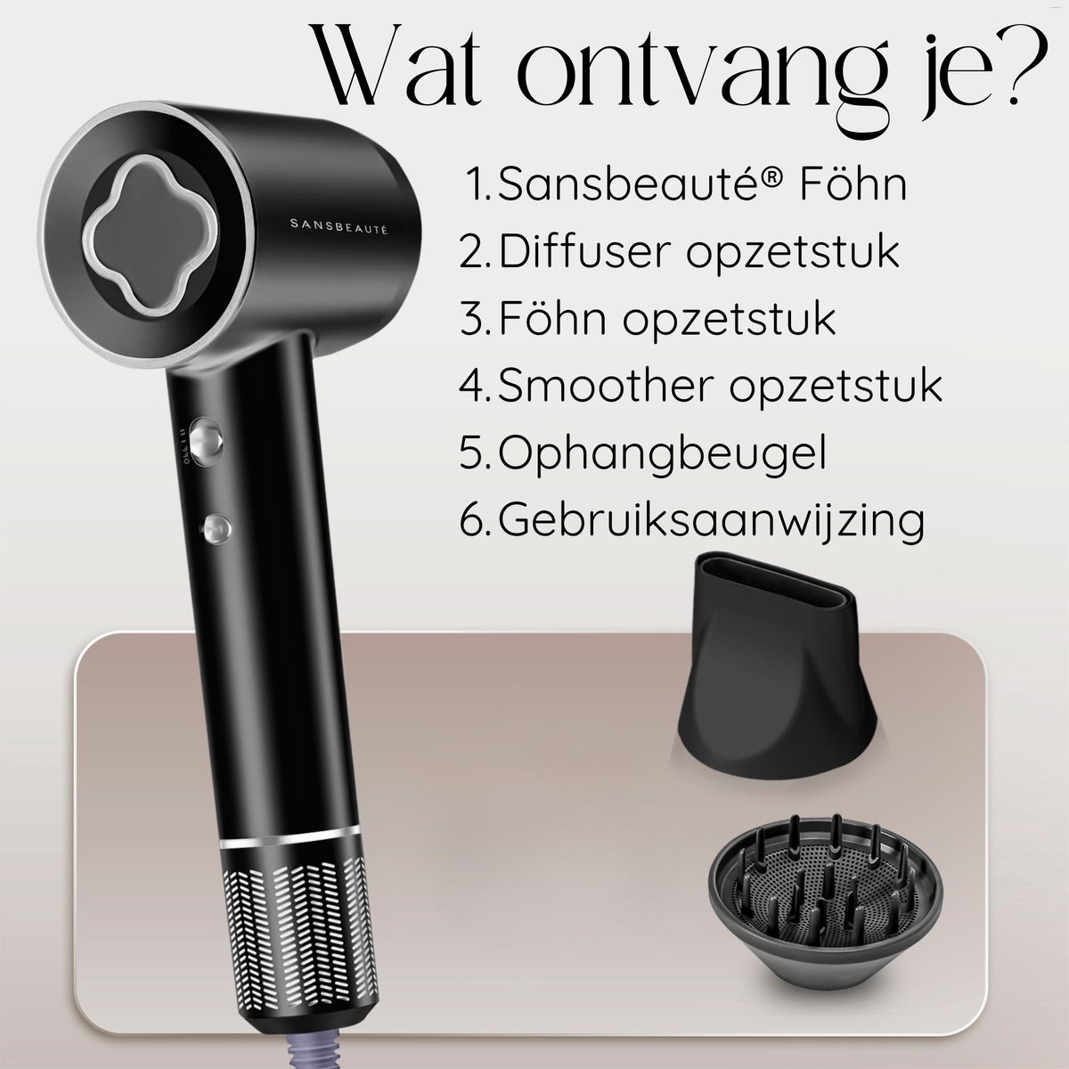 Afbeelding toont een zwarte föhn en de accessoires. De accessoires omvatten een diffuser en een mondstuk.