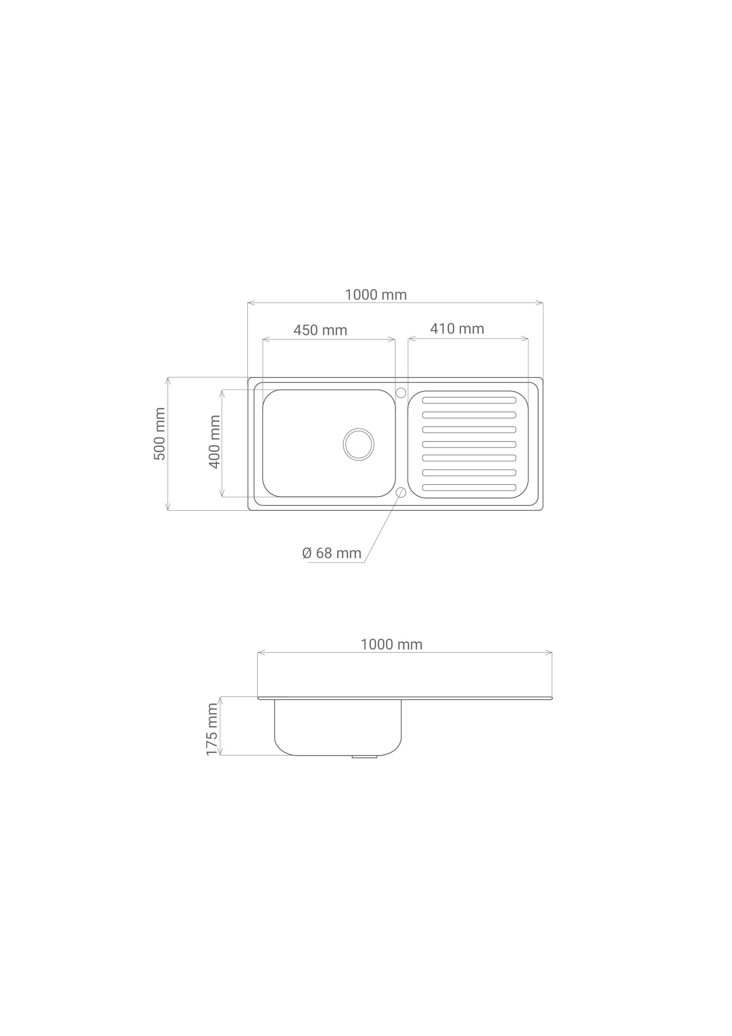 Draufsicht Diagramm eines Waschbeckens. Es zeigt Abmessungen und Funktionen.