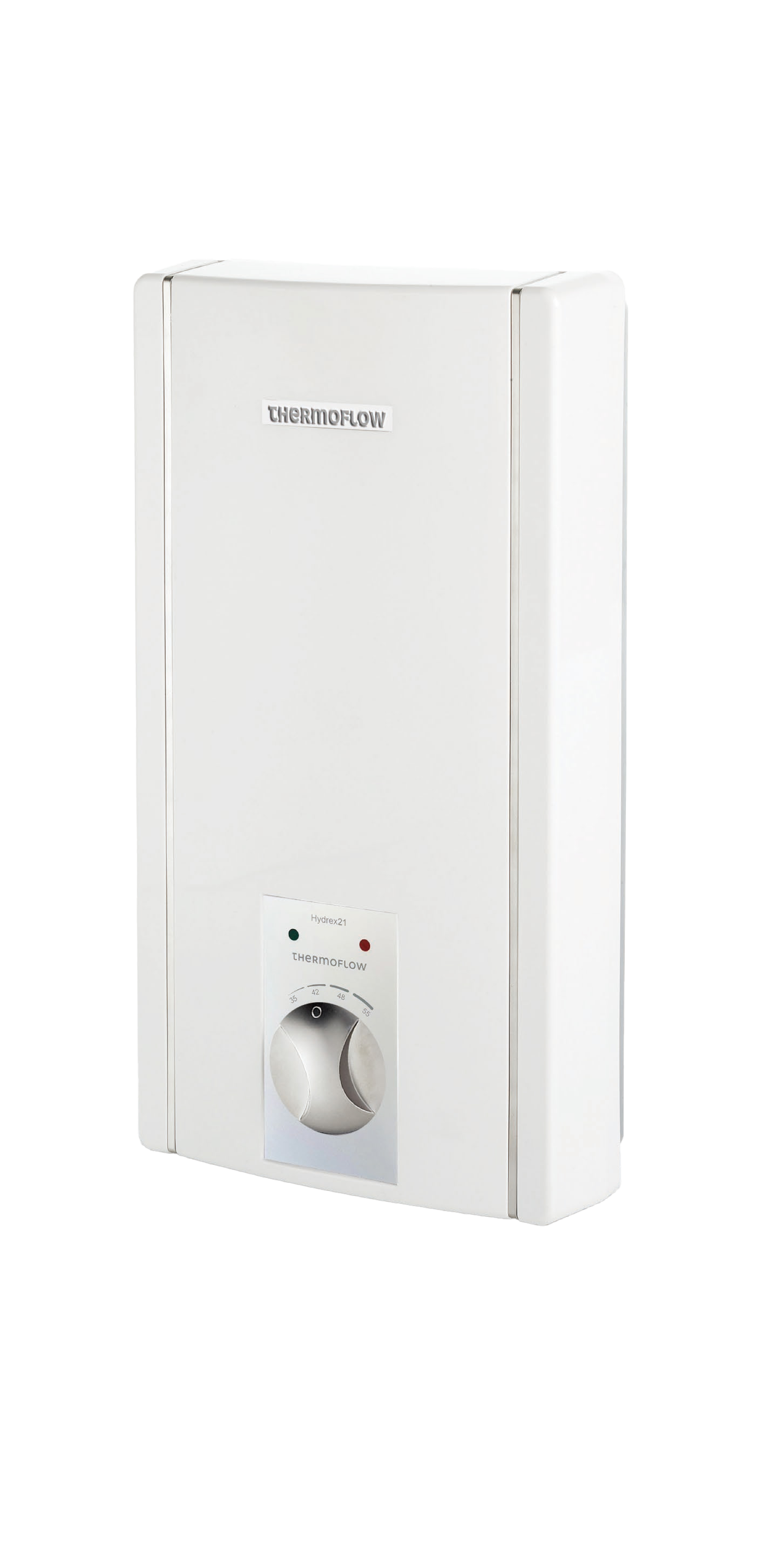 Ein weißer rechteckiger Warmwasserbereiter mit Bedienknopf. Schwarzer Hintergrund.