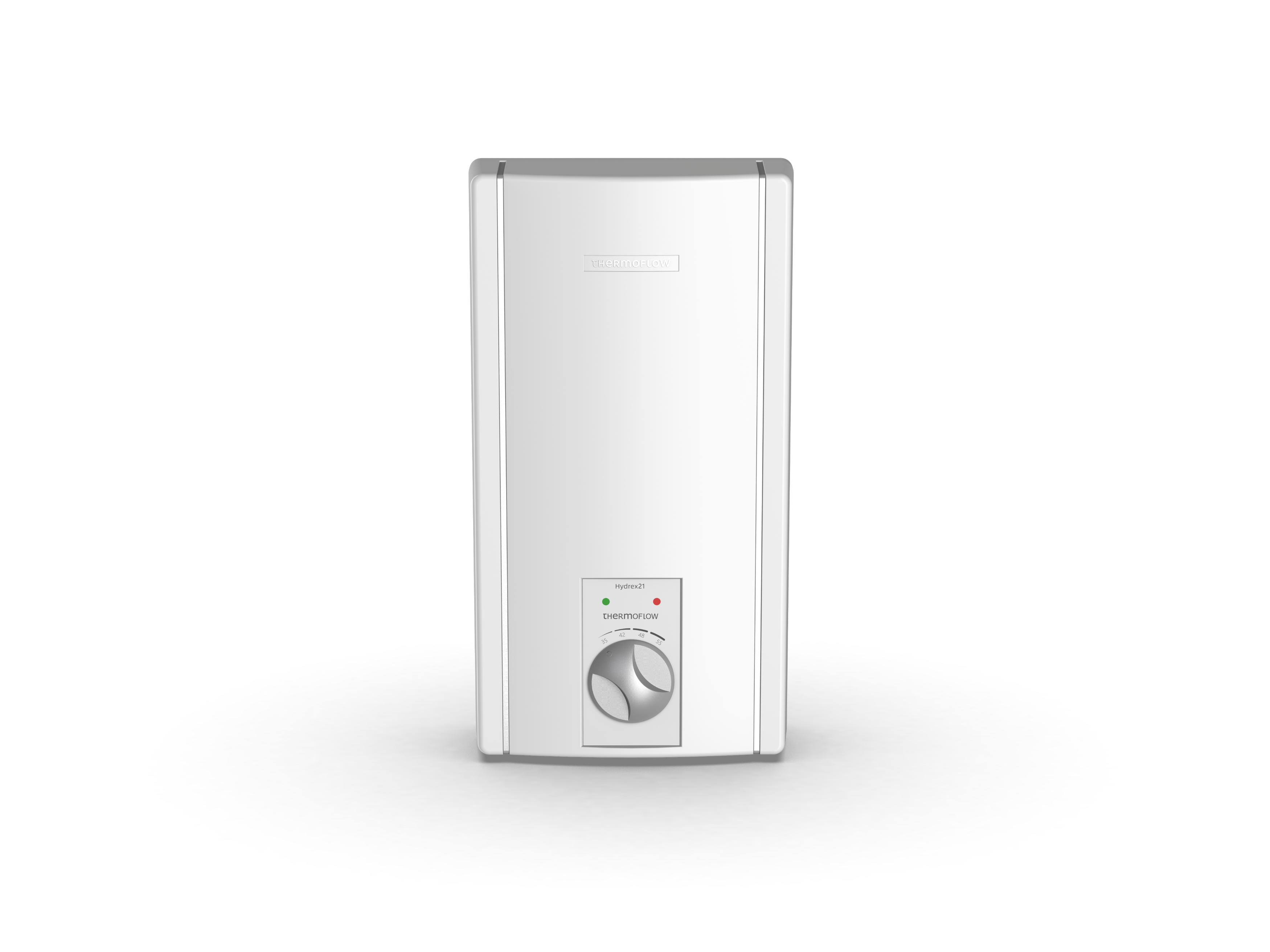 Weißer rechteckiger Warmwasserbereiter mit Drehknopf und Lichtern. Schwarzer Hintergrund.