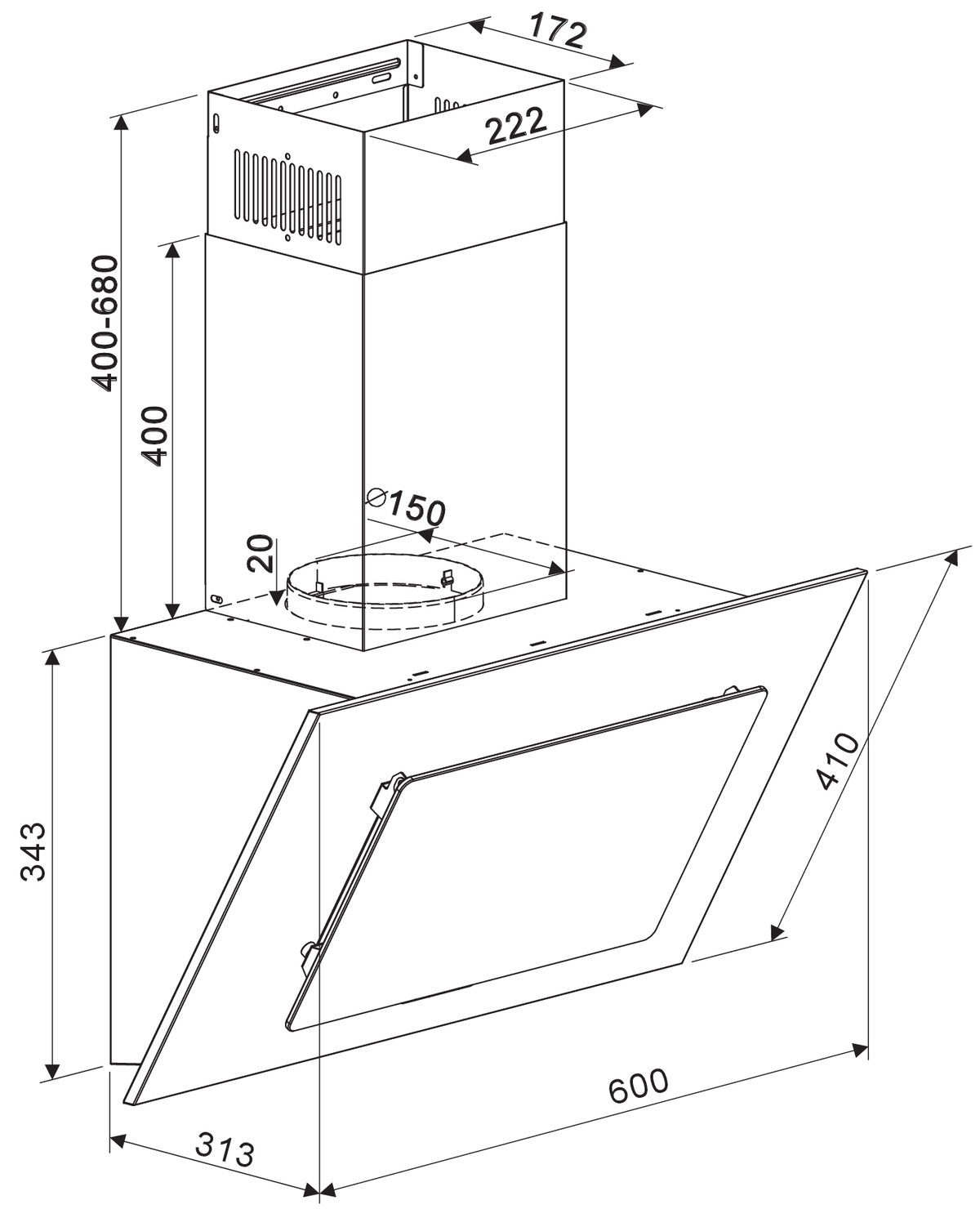 Diagramm einer Dunstabzugshaube mit Abmessungen. Die Haube ist weiß und hat ein rechteckiges Design.