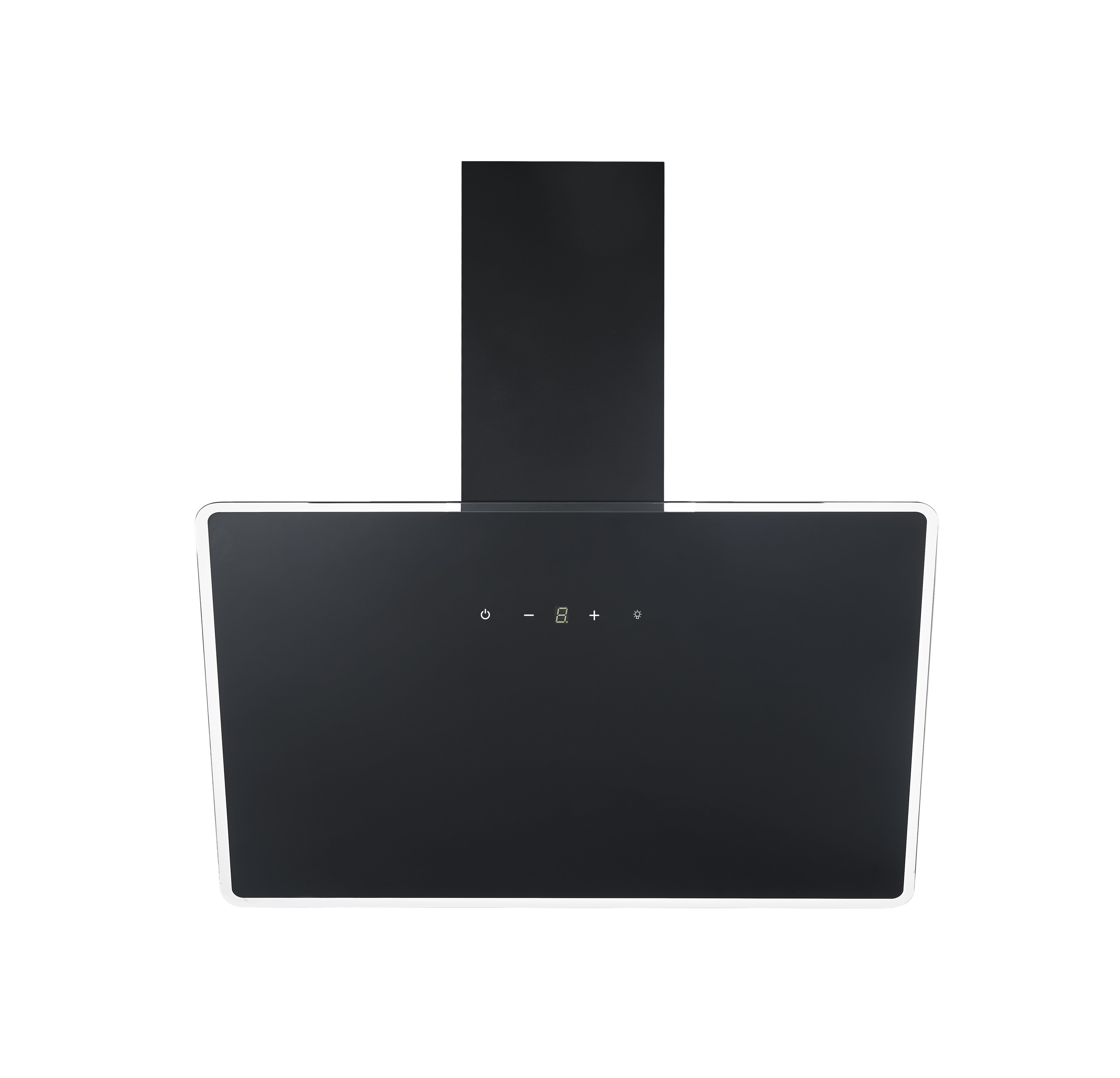 Black and white range hood with a digital display. White background.