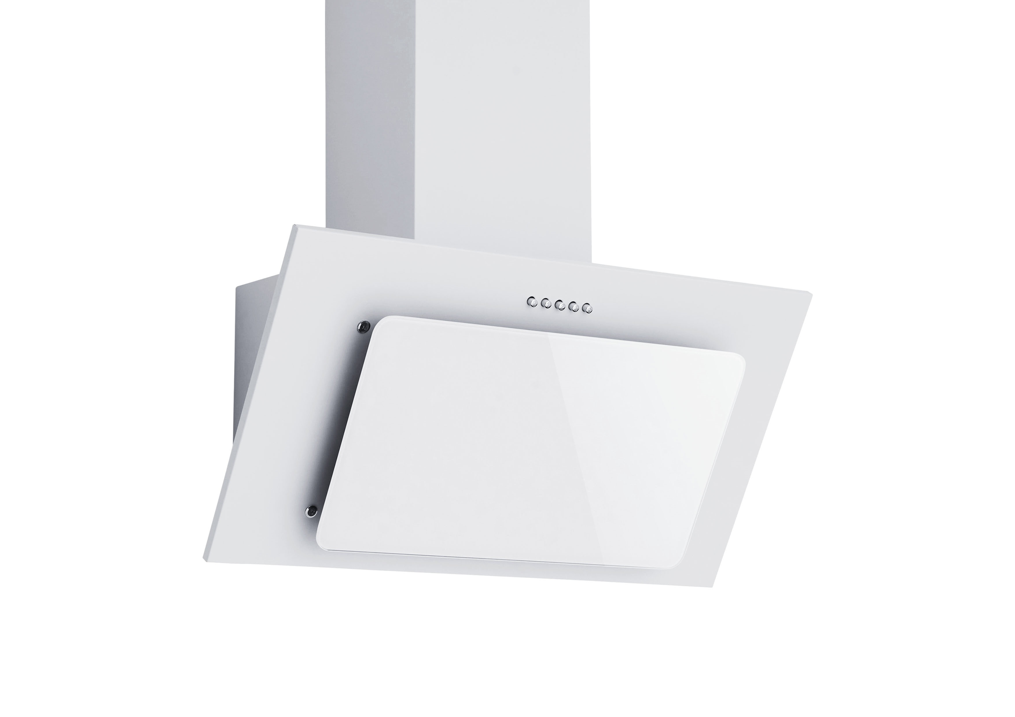 Une hotte de cuisine blanche avec une façade en verre et des lumières. Elle est fixée au mur blanc.