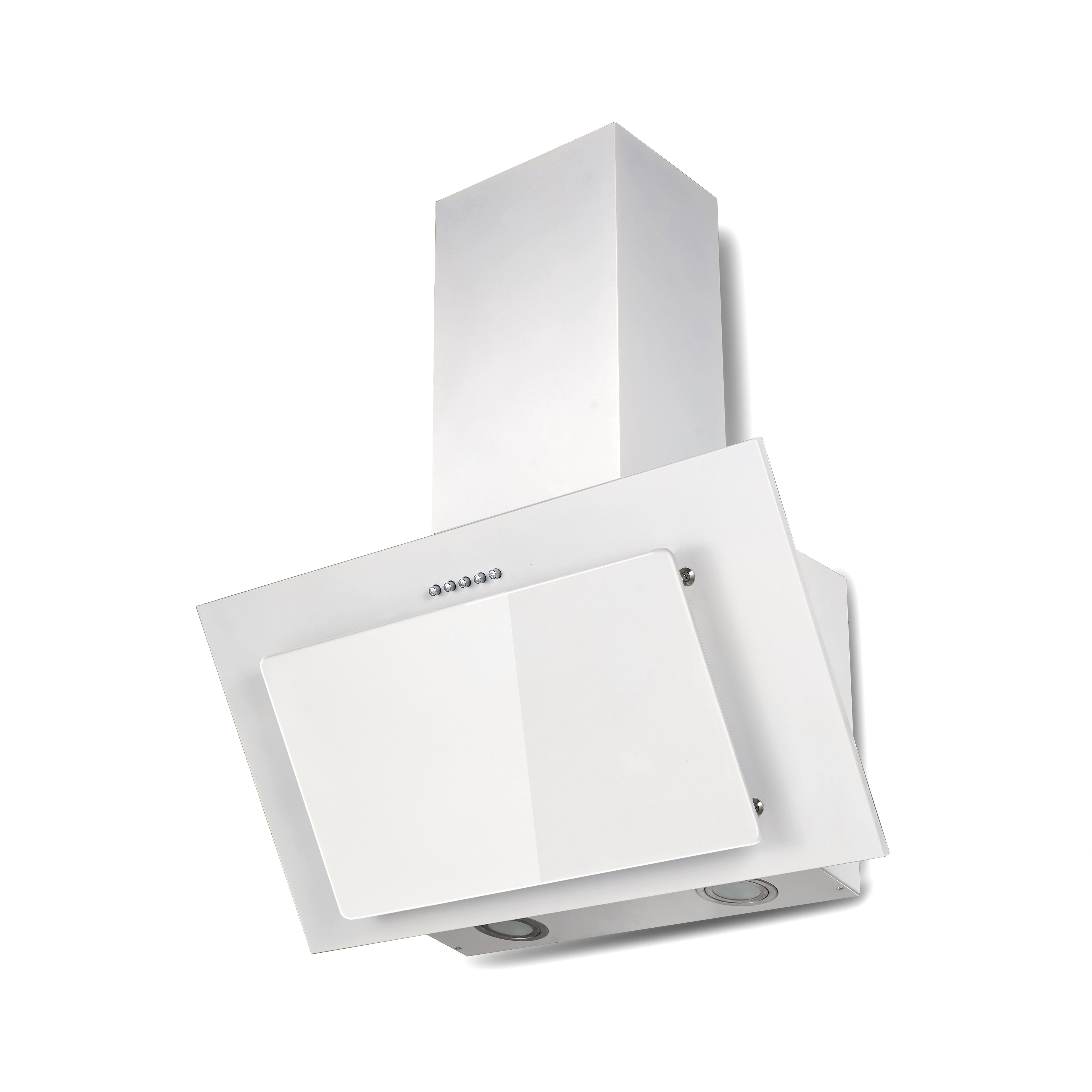 Une hotte de cuisine blanche avec une façade en verre et des lumières. Elle est fixée au mur blanc.