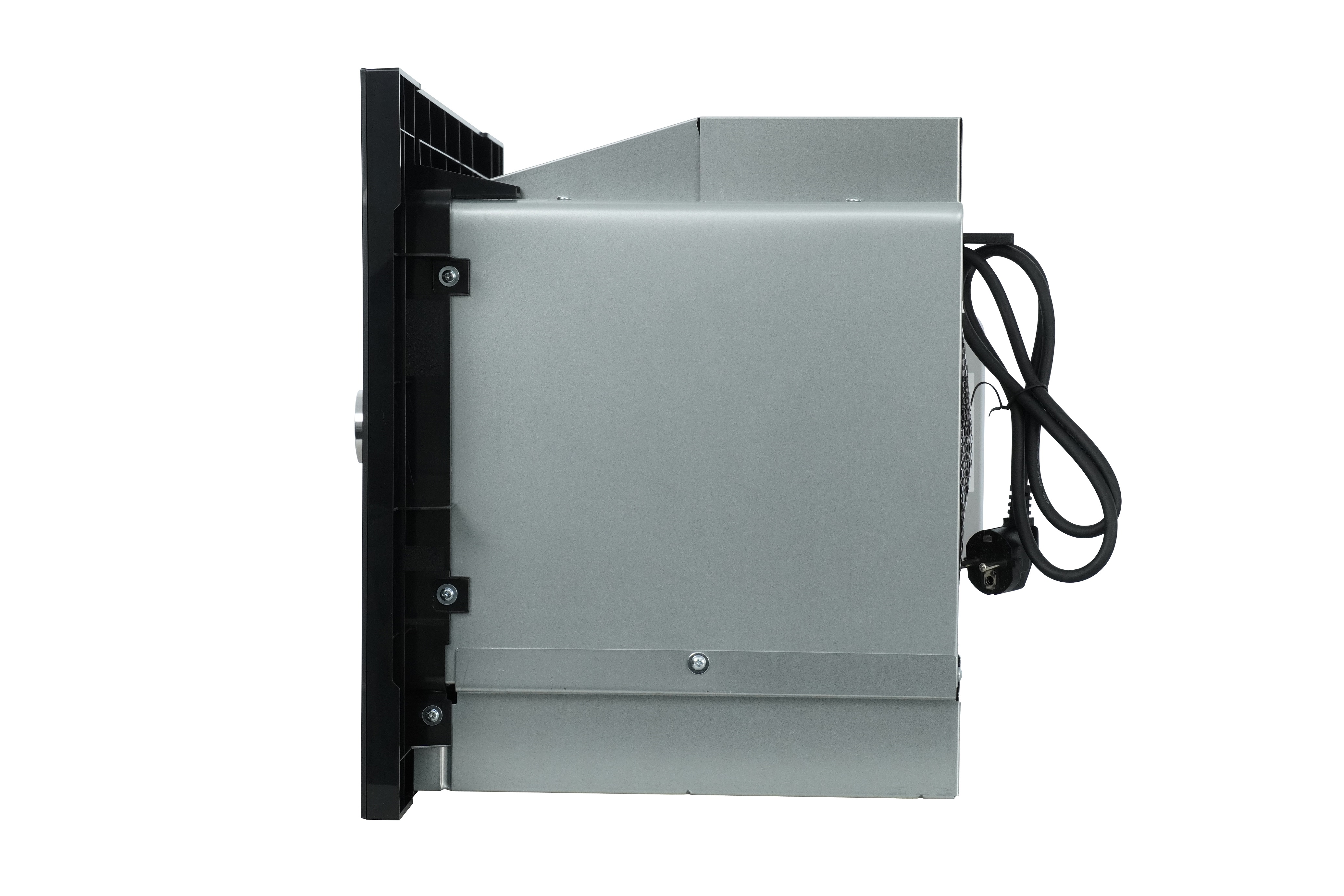 Side view of a metallic oven with black trim, power cord visible, on a white background.