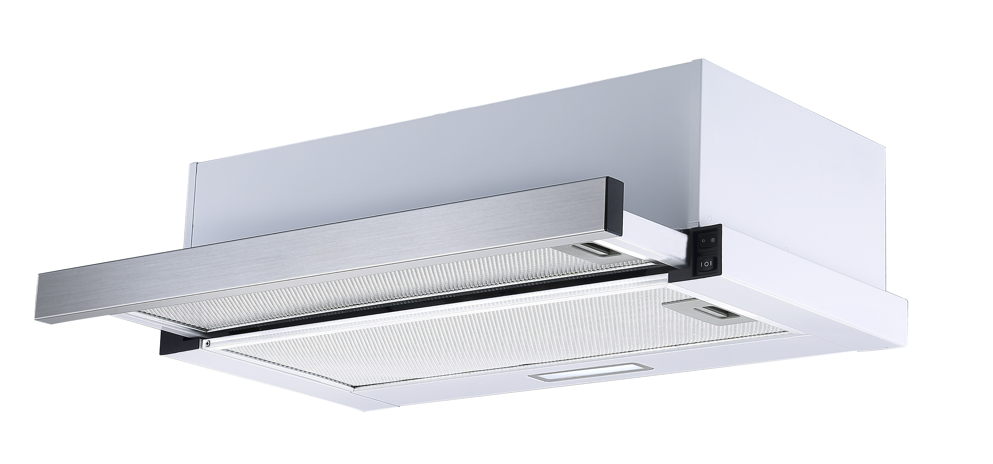 White range hood with an open panel, showing a metal mesh filter, isolated on white.