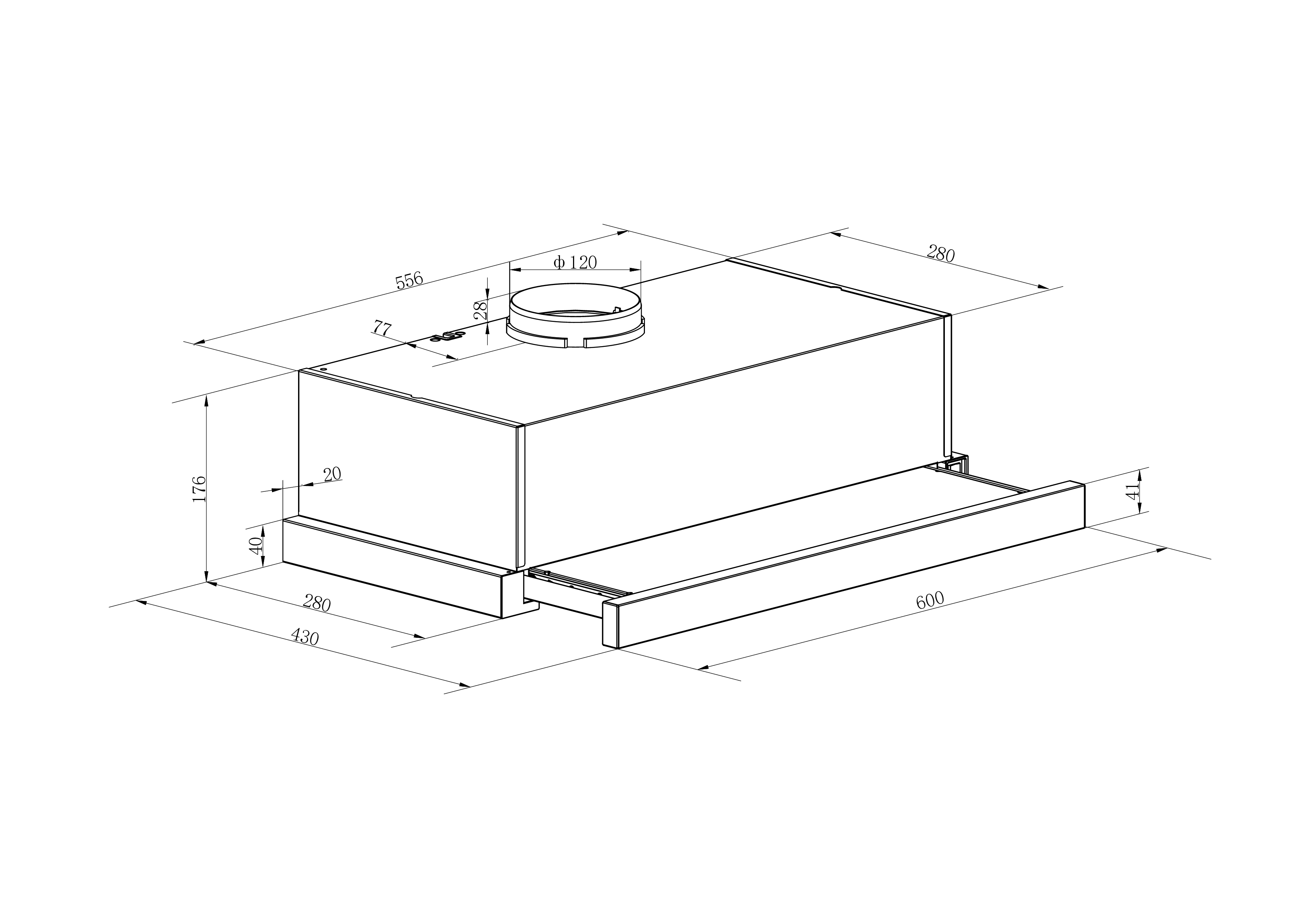 Line drawing of a kitchen hood with dimensions, showing its shape and size details.