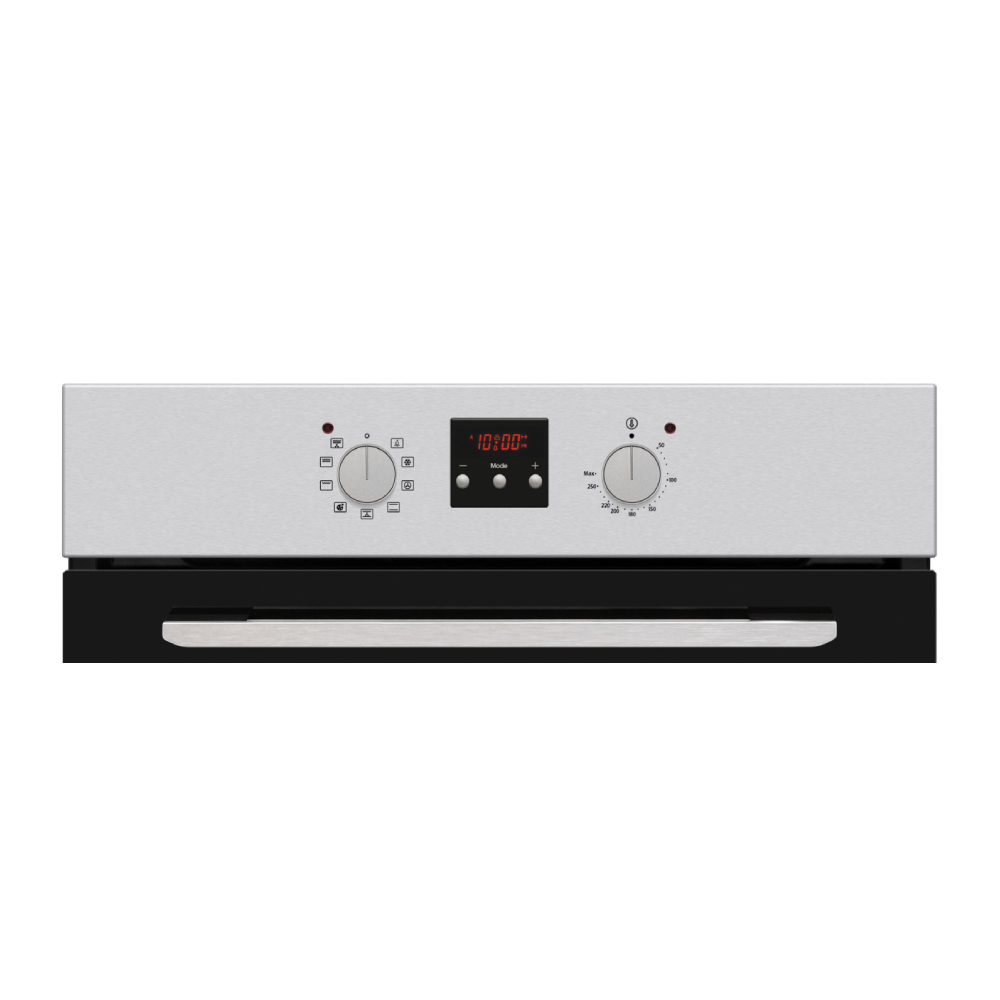 Horno plateado con puerta y controles negros. Muestra tiempo y ajustes de temperatura.
