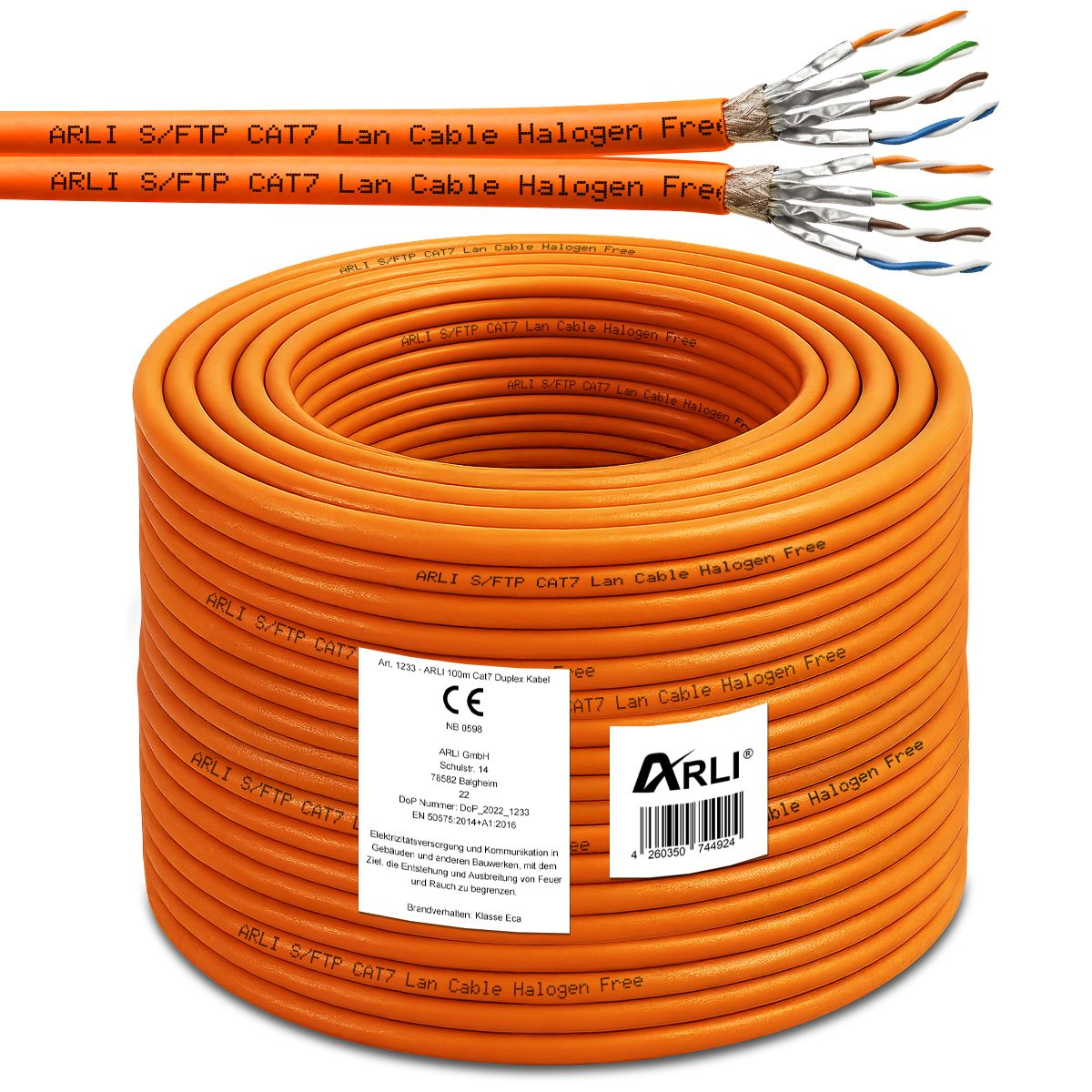 Orange CAT7-Kabel in einer Rolle und geschnitten, mit freiliegenden Drähten. Halogenfrei-Etikett sichtbar.