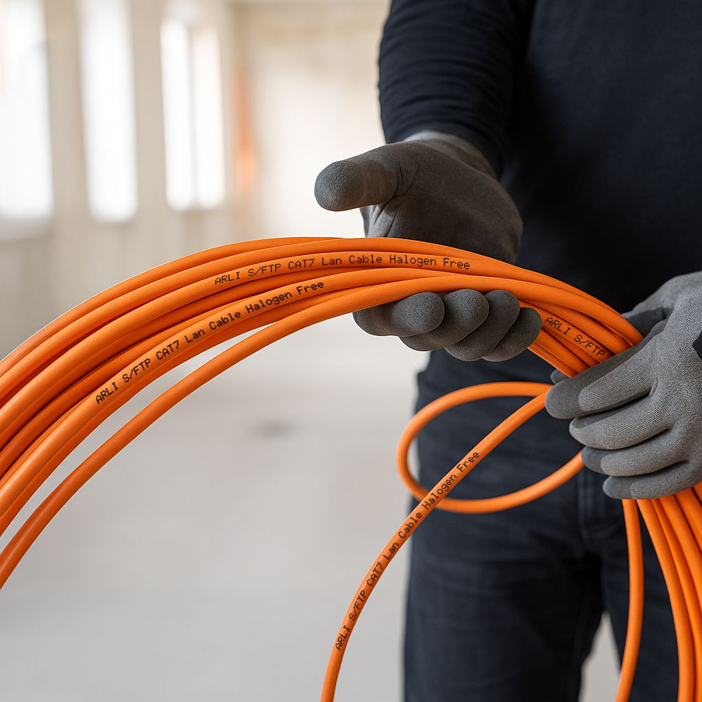 Eine Person hält ein Bündel orangefarbener CAT7-Kabel mit Handschuhen in einem unfertigen Raum.