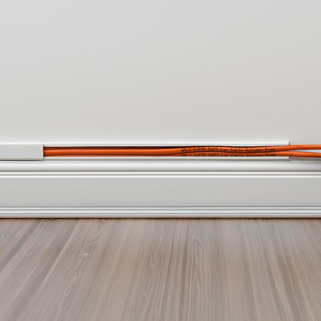 Orange Netzwerkkabel verlaufen durch einen weißen Kabelkanal an einer weißen Wand. Holzfußboden darunter.