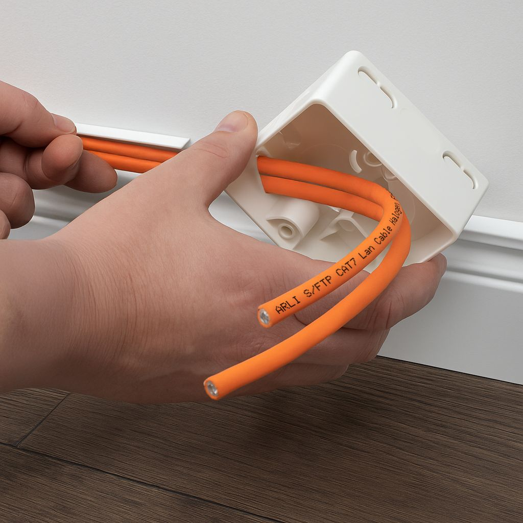 Hände installieren orangefarbene CAT7-Kabel in einer weißen Wanddose in der Nähe eines Holzbodens.