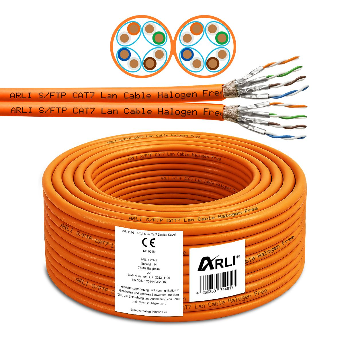 Orange Netzwerkkabel in einer Rolle und zugeschnitten, mit Etiketten. Das Kabel ist für Lan und halogenfrei.