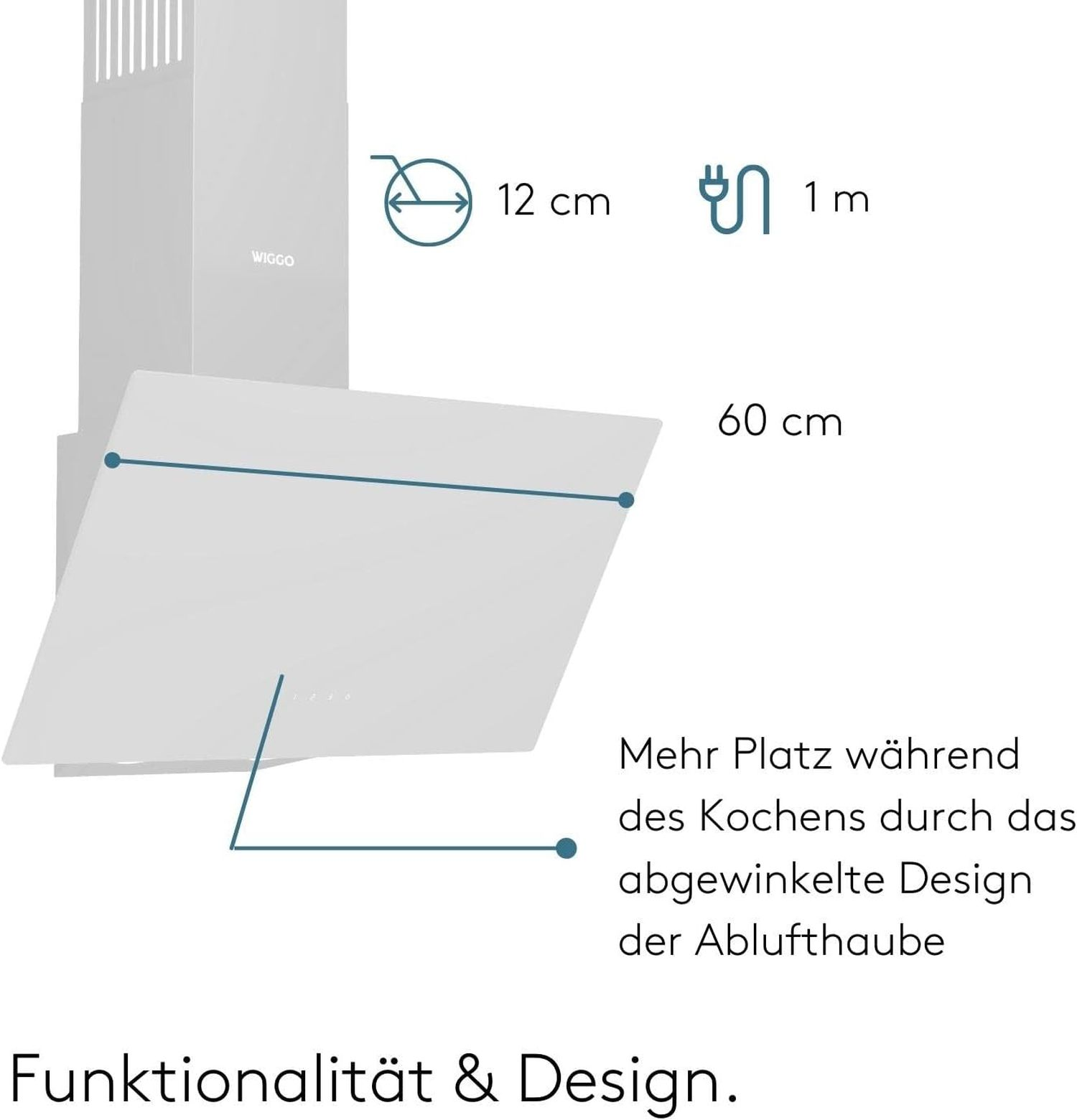 Hotte aspirante blanche, avec dimensions indiquées. Texte en allemand décrivant le design et la fonctionnalité.