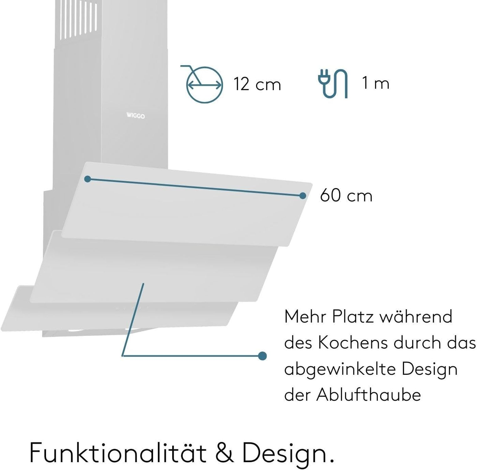 Hotte aspirante blanche, avec dimensions. Texte allemand décrit le design et la fonctionnalité.