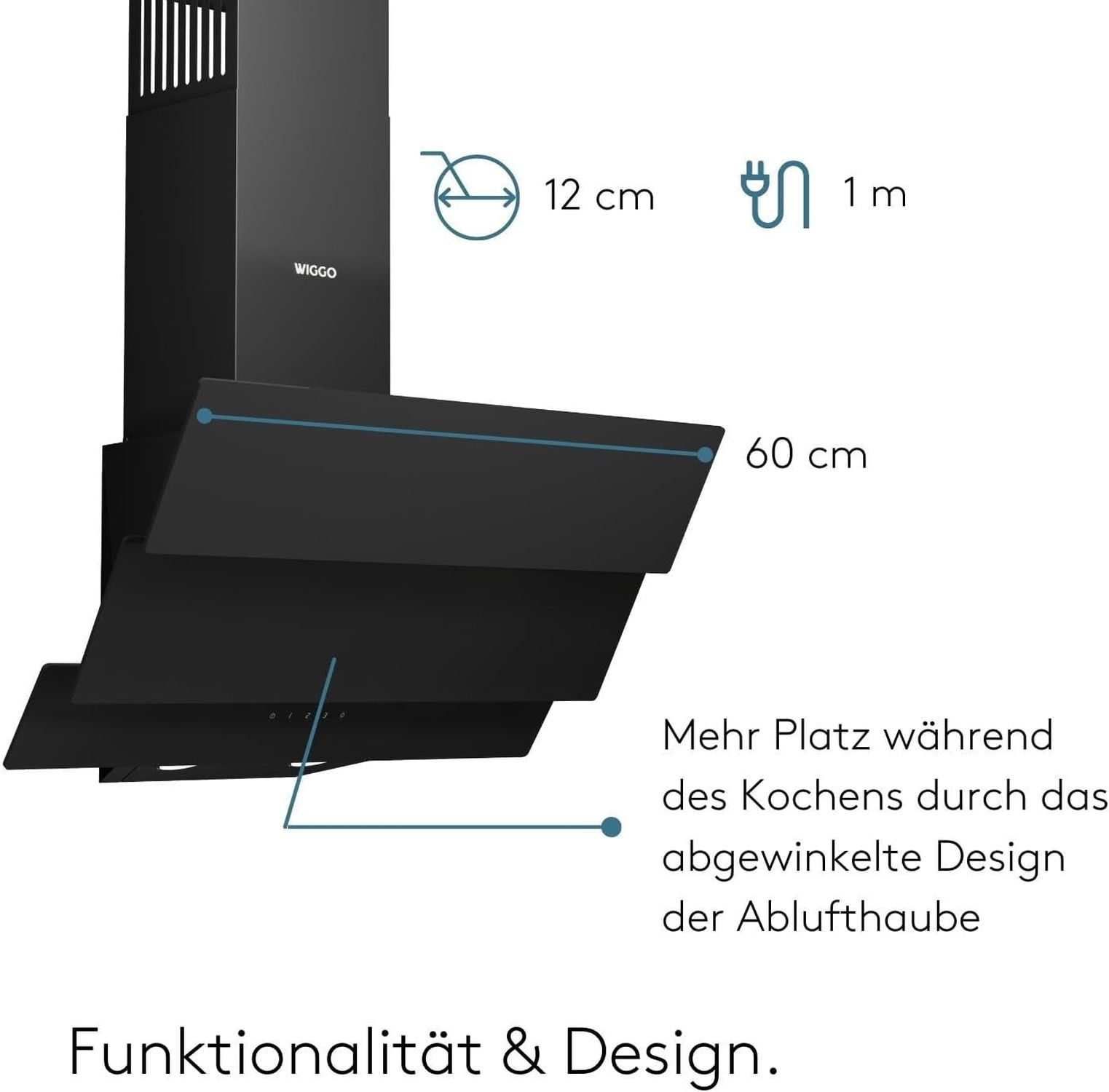 Een zwarte afzuigkap. Teksten en afmetingen worden weergegeven, met focus op design en functionaliteit.